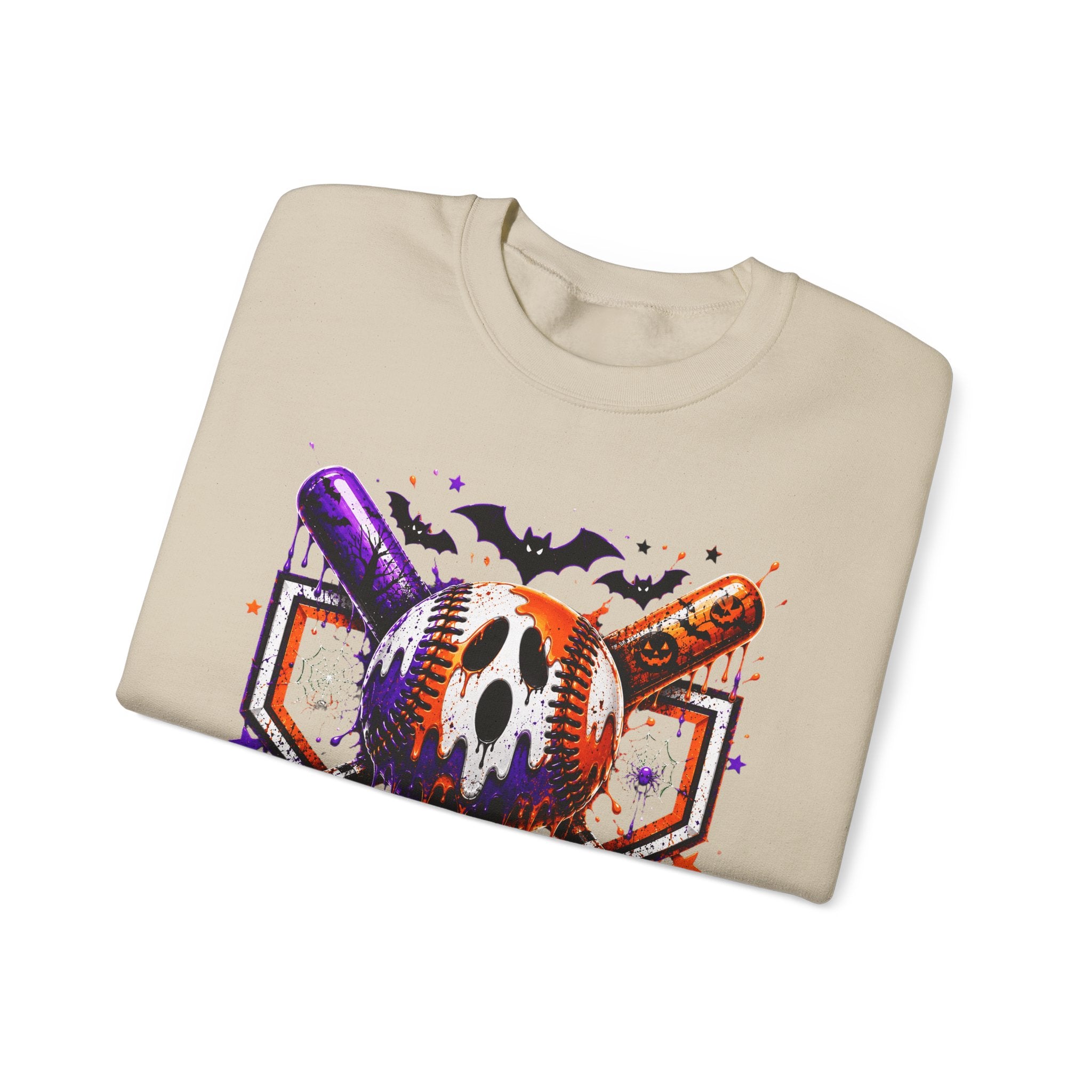 Halloween Baseball Crewneck Sweatshirt – Spooky Mask, Bats & Pumpkins Design