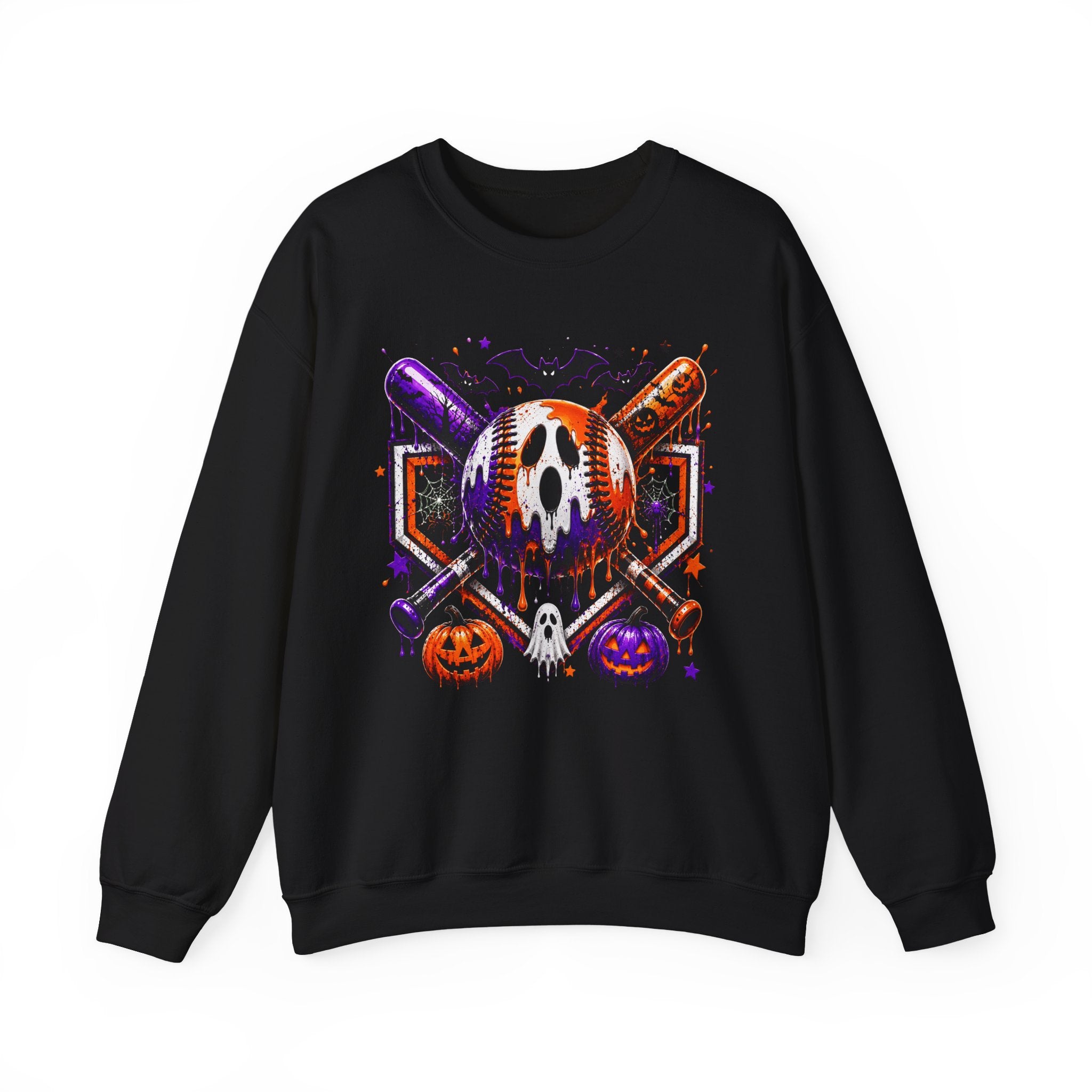 Halloween Baseball Crewneck Sweatshirt – Spooky Mask, Bats & Pumpkins Graphic