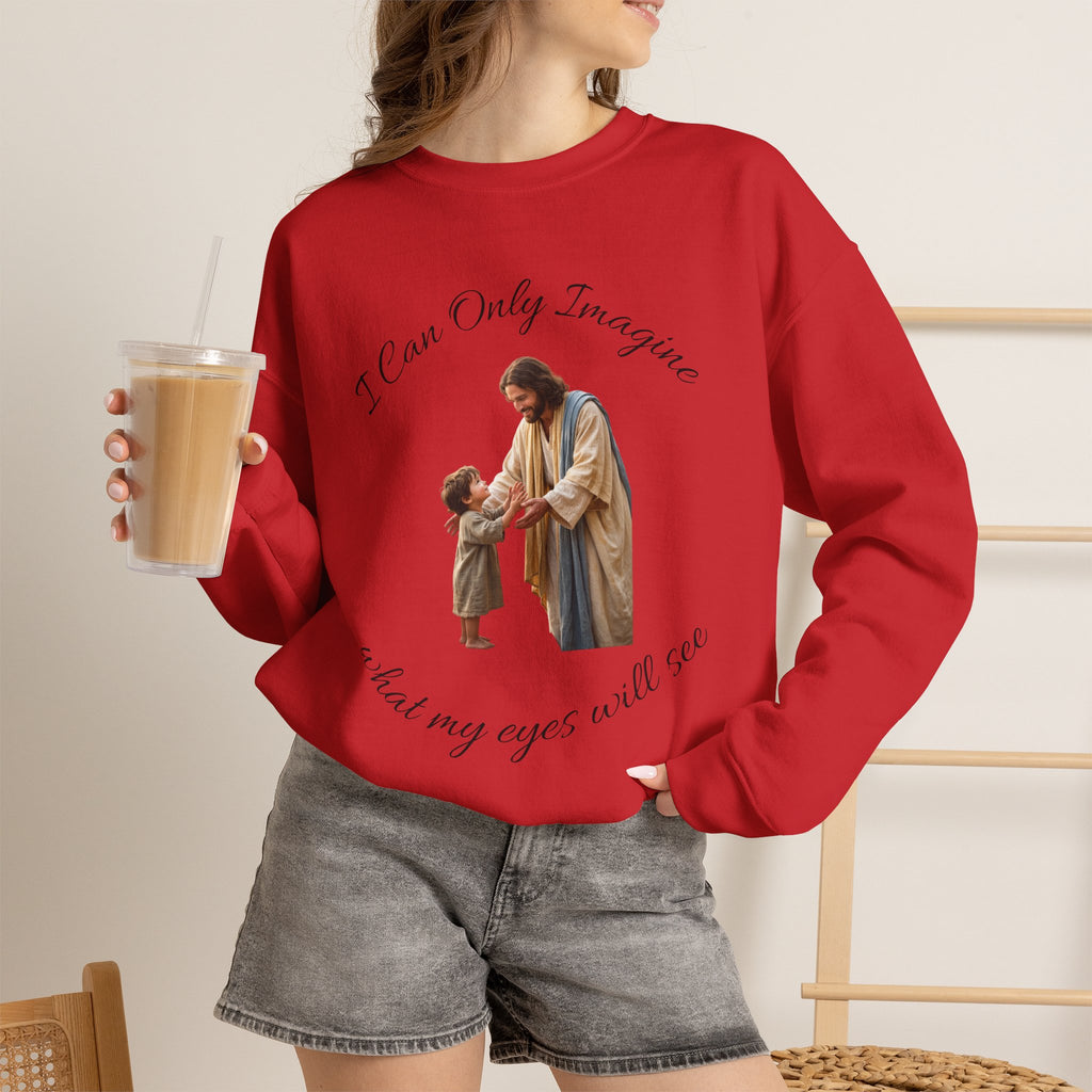 Religious Crewneck Sweatshirt — "I Can Only Imagine" Jesus & Child Graphic