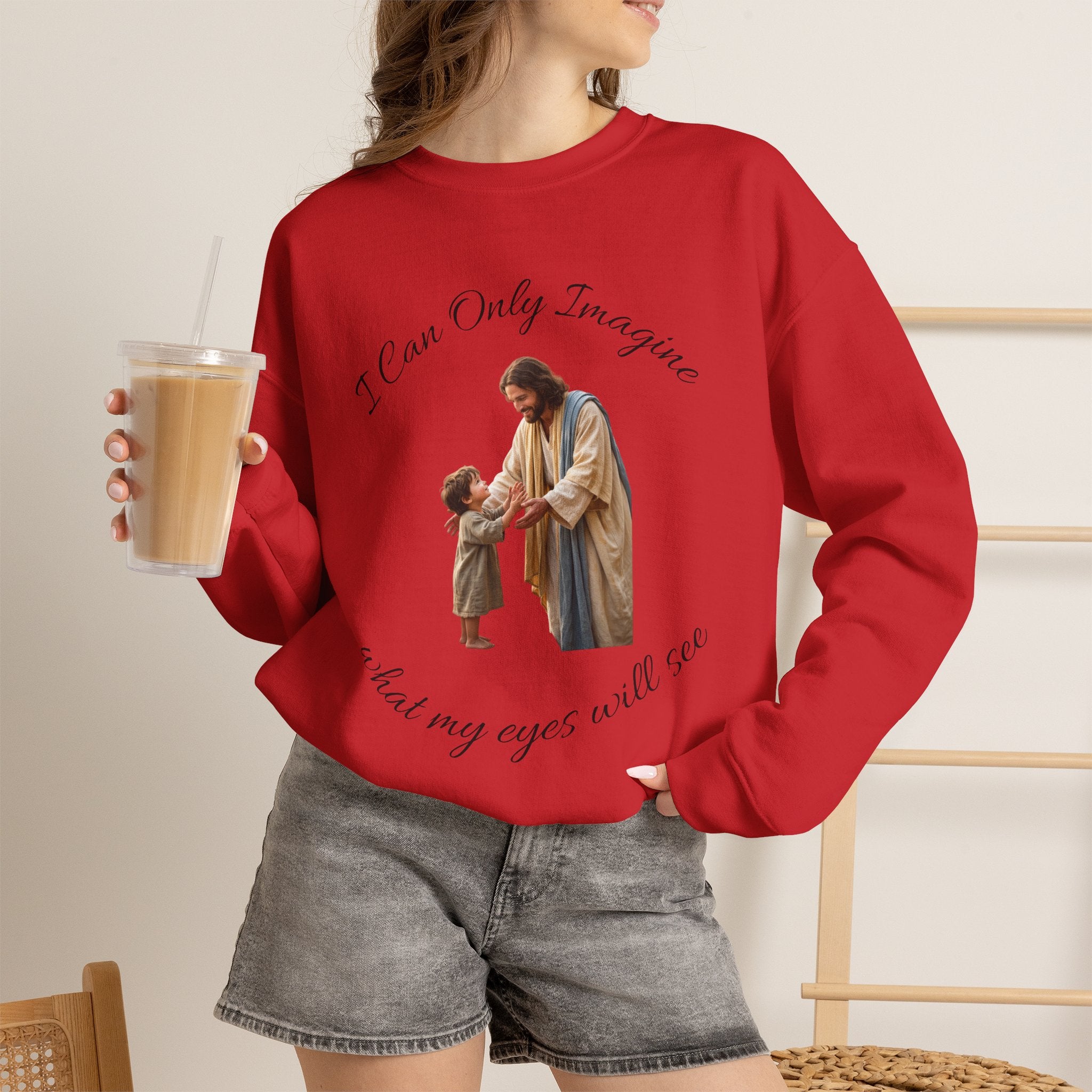 Religious Crewneck Sweatshirt — "I Can Only Imagine" Jesus & Child Graphic