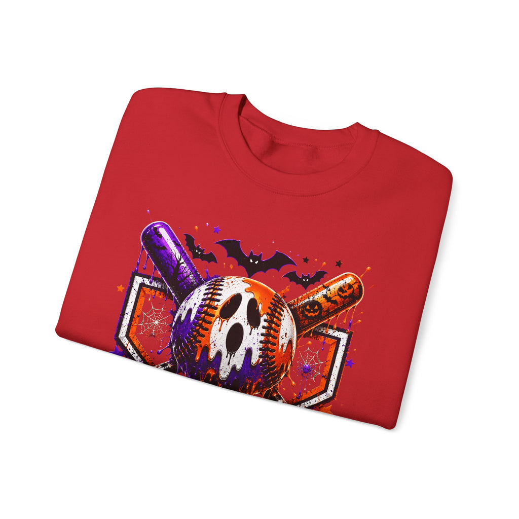 Halloween Baseball Crewneck Sweatshirt – Spooky Mask, Bats & Pumpkins Graphic