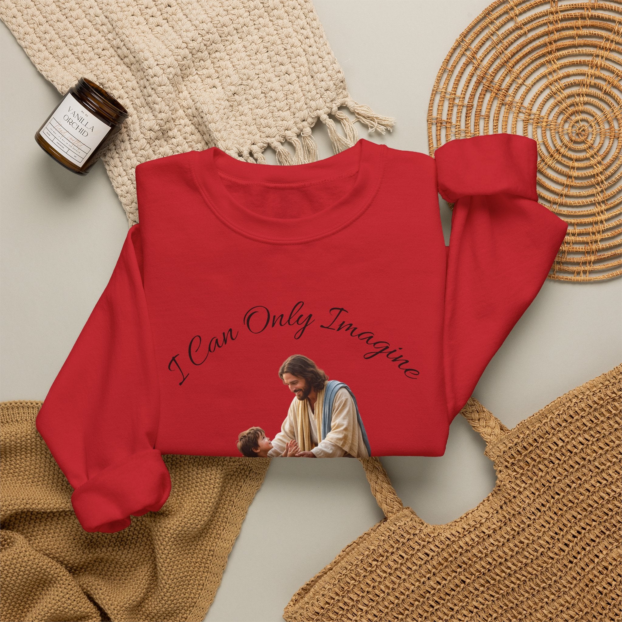 Religious Crewneck Sweatshirt — "I Can Only Imagine" Jesus & Child Graphic