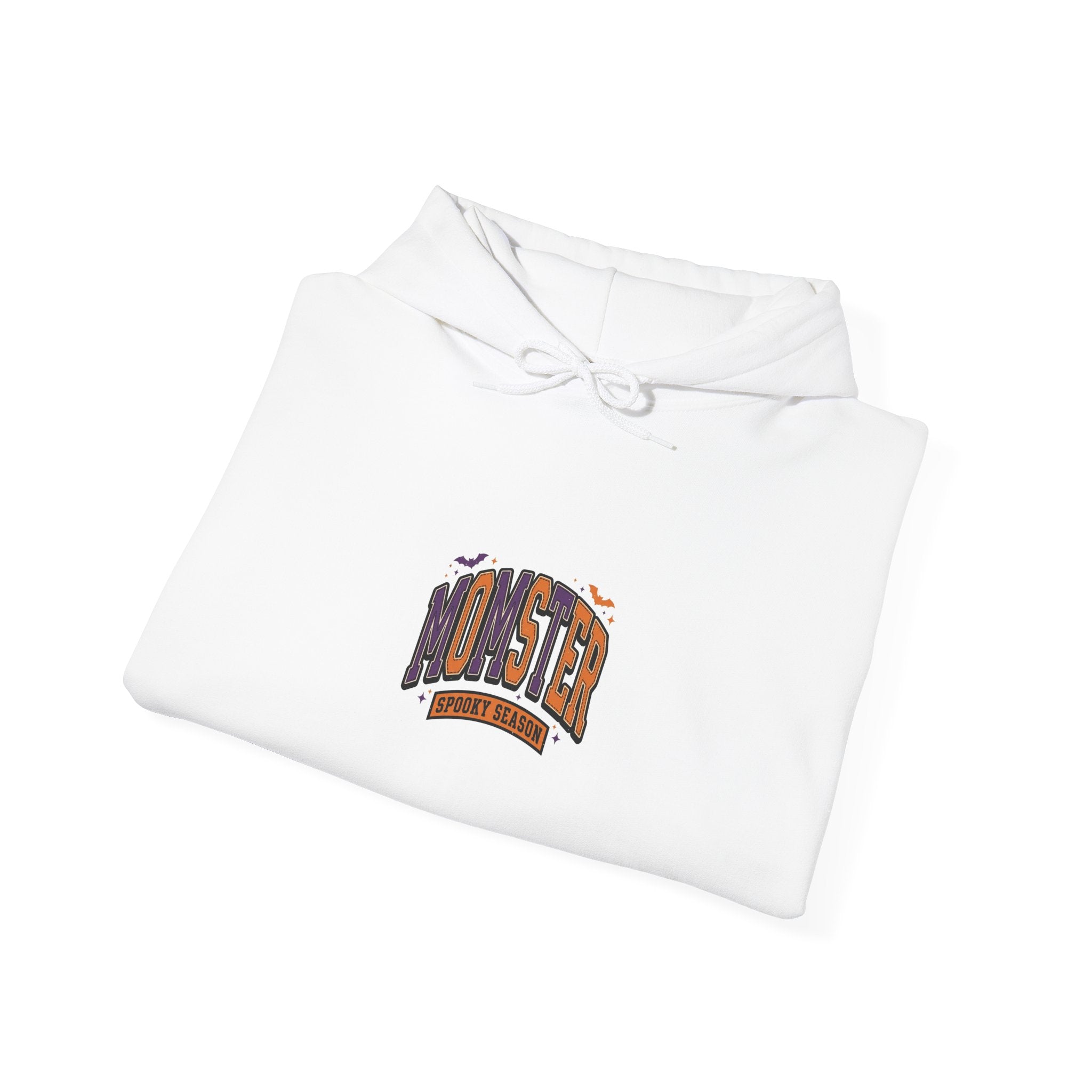 Momster Halloween Hoodie | spooky lettering, bats, purple orange collegiate