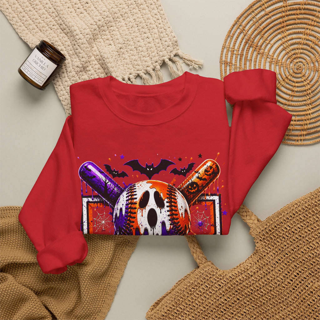 Halloween Baseball Crewneck Sweatshirt – Spooky Mask, Bats & Pumpkins Graphic