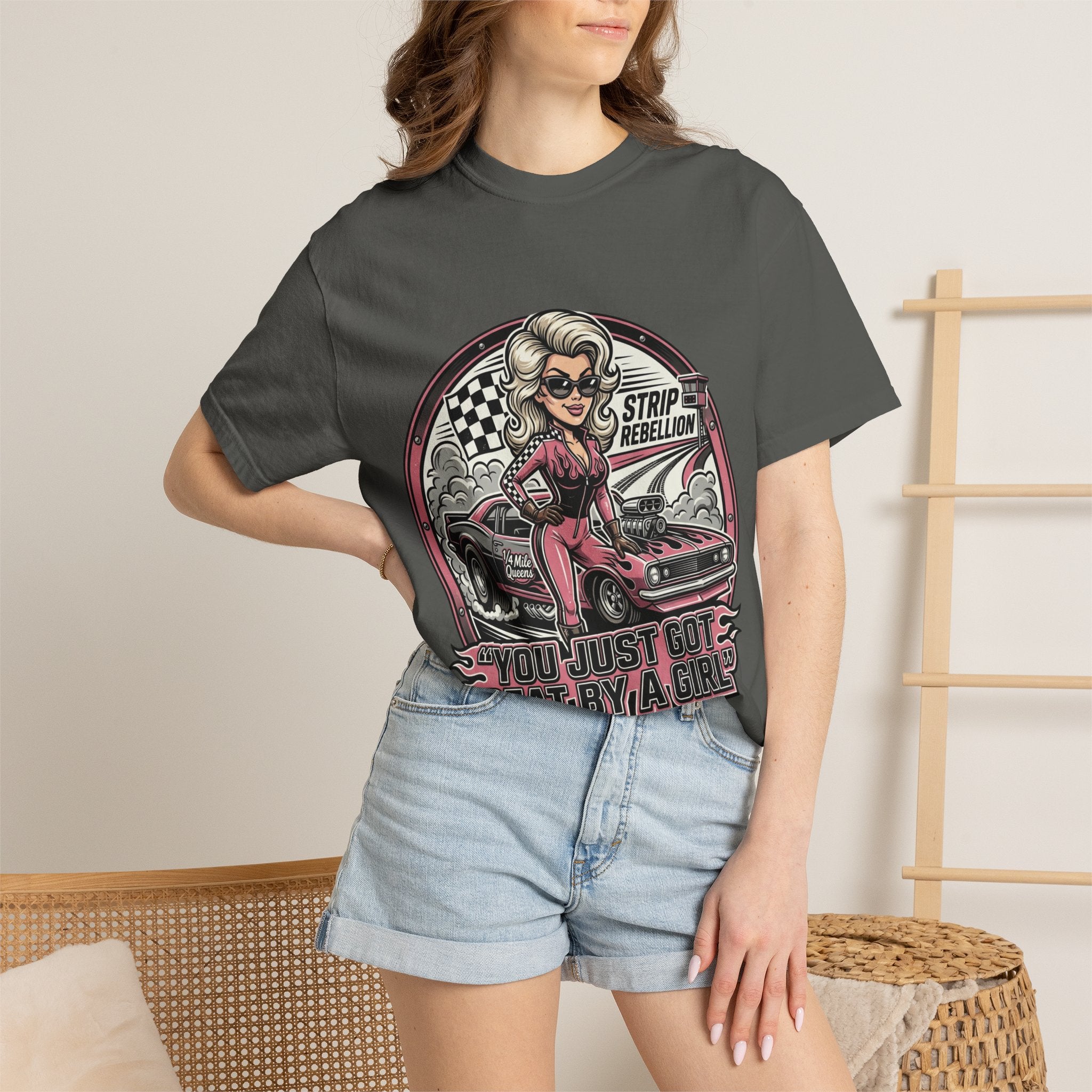 You Just Got Beat By A Girl Racecar T-Shirt — Pinup Girl 'Strip Rebellion' Racing Tee