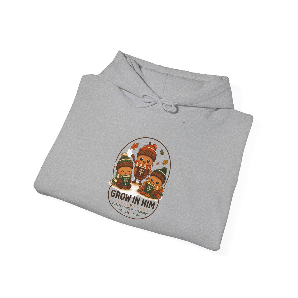 Grow in Him Hoodie | Christian Autumn fall leaves pumpkin barn scripture