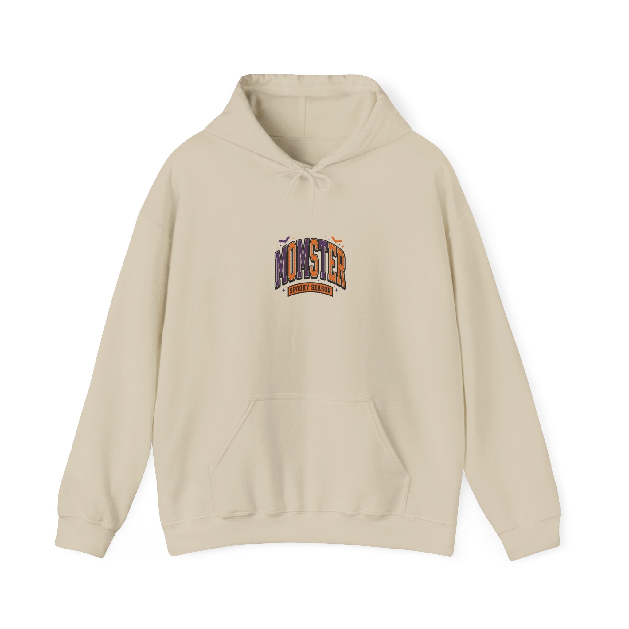 Momster Halloween Hoodie | spooky lettering, bats, purple orange collegiate