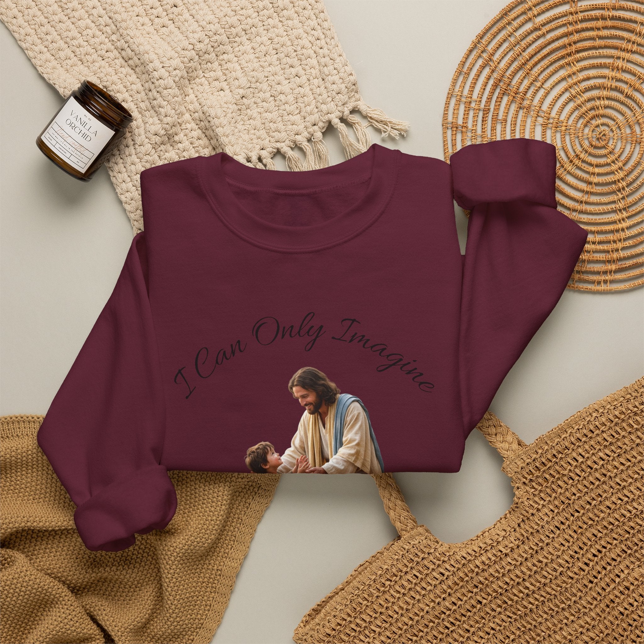 Religious Crewneck Sweatshirt — "I Can Only Imagine" Jesus & Child Graphic