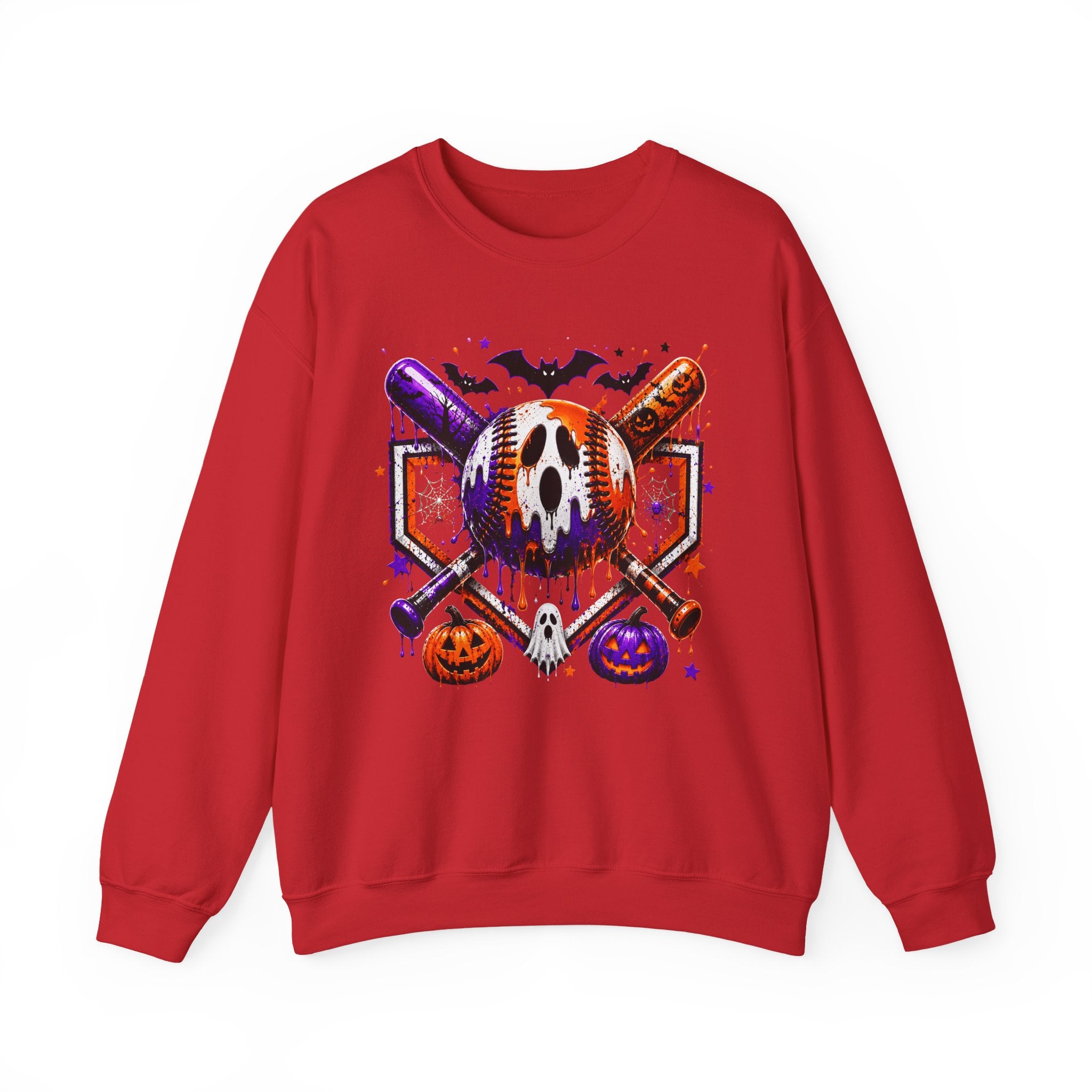 Halloween Baseball Crewneck Sweatshirt – Spooky Mask, Bats & Pumpkins Graphic