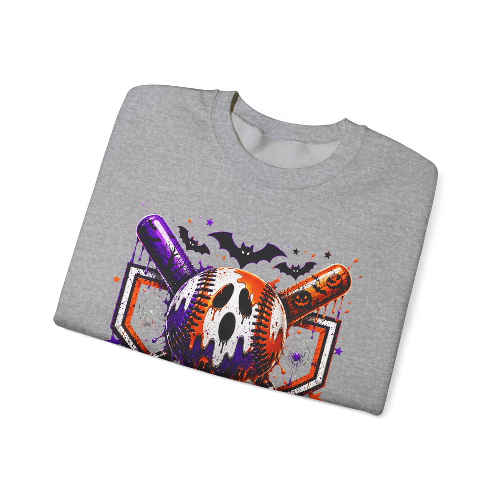 Halloween Baseball Crewneck Sweatshirt – Spooky Mask, Bats & Pumpkins Design