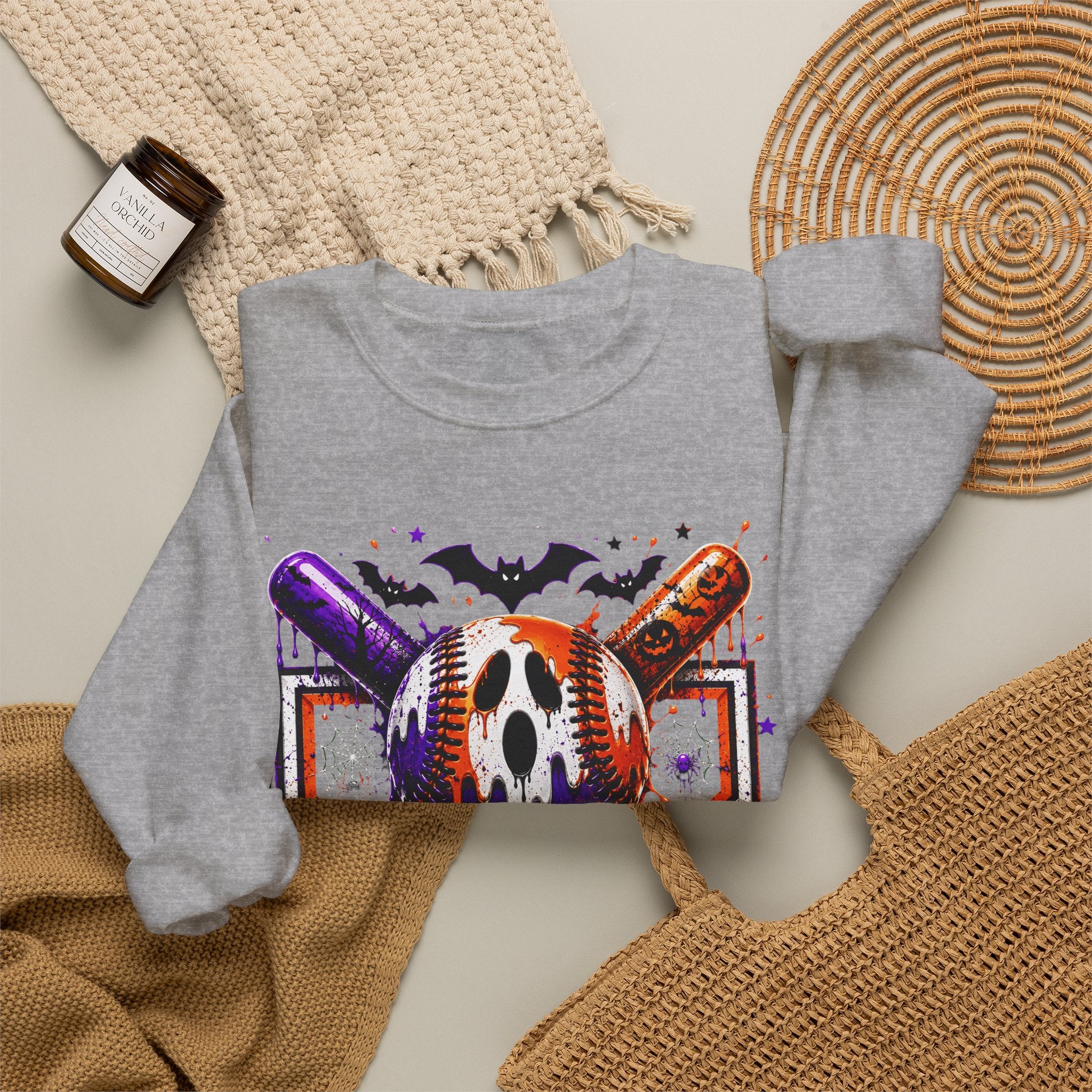 Halloween Baseball Crewneck Sweatshirt – Spooky Mask, Bats & Pumpkins Graphic