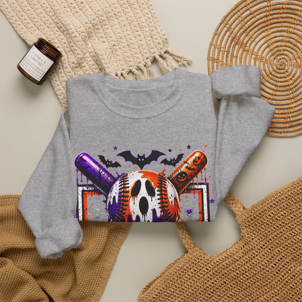 Halloween Baseball Crewneck Sweatshirt – Spooky Mask, Bats & Pumpkins Design