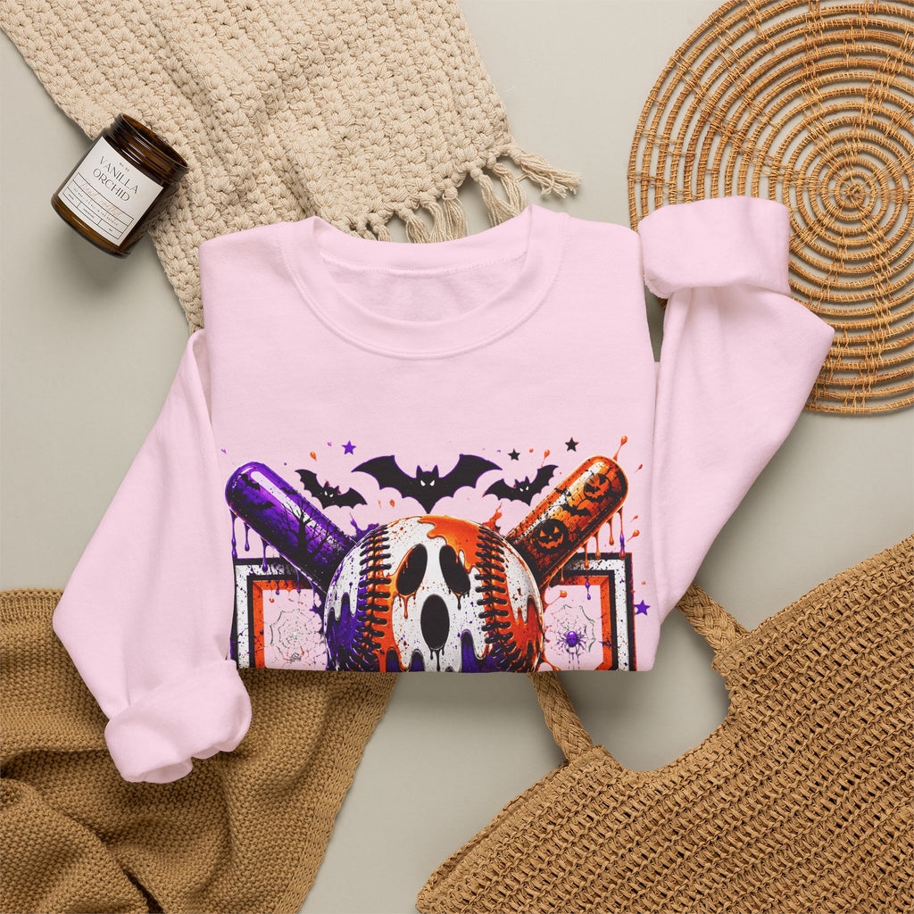 Halloween Baseball Crewneck Sweatshirt – Spooky Mask, Bats & Pumpkins Graphic