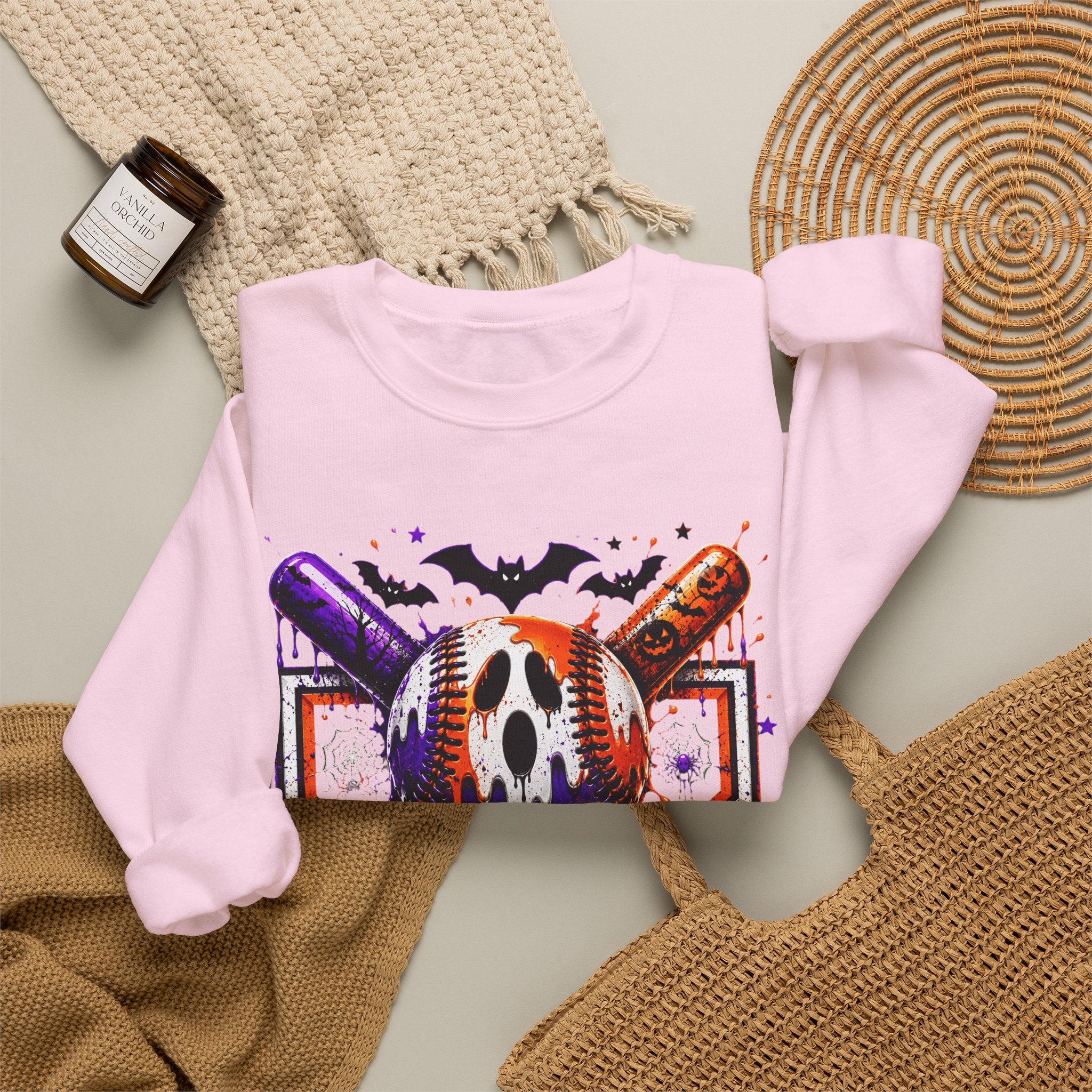 Halloween Baseball Crewneck Sweatshirt – Spooky Mask, Bats & Pumpkins Graphic