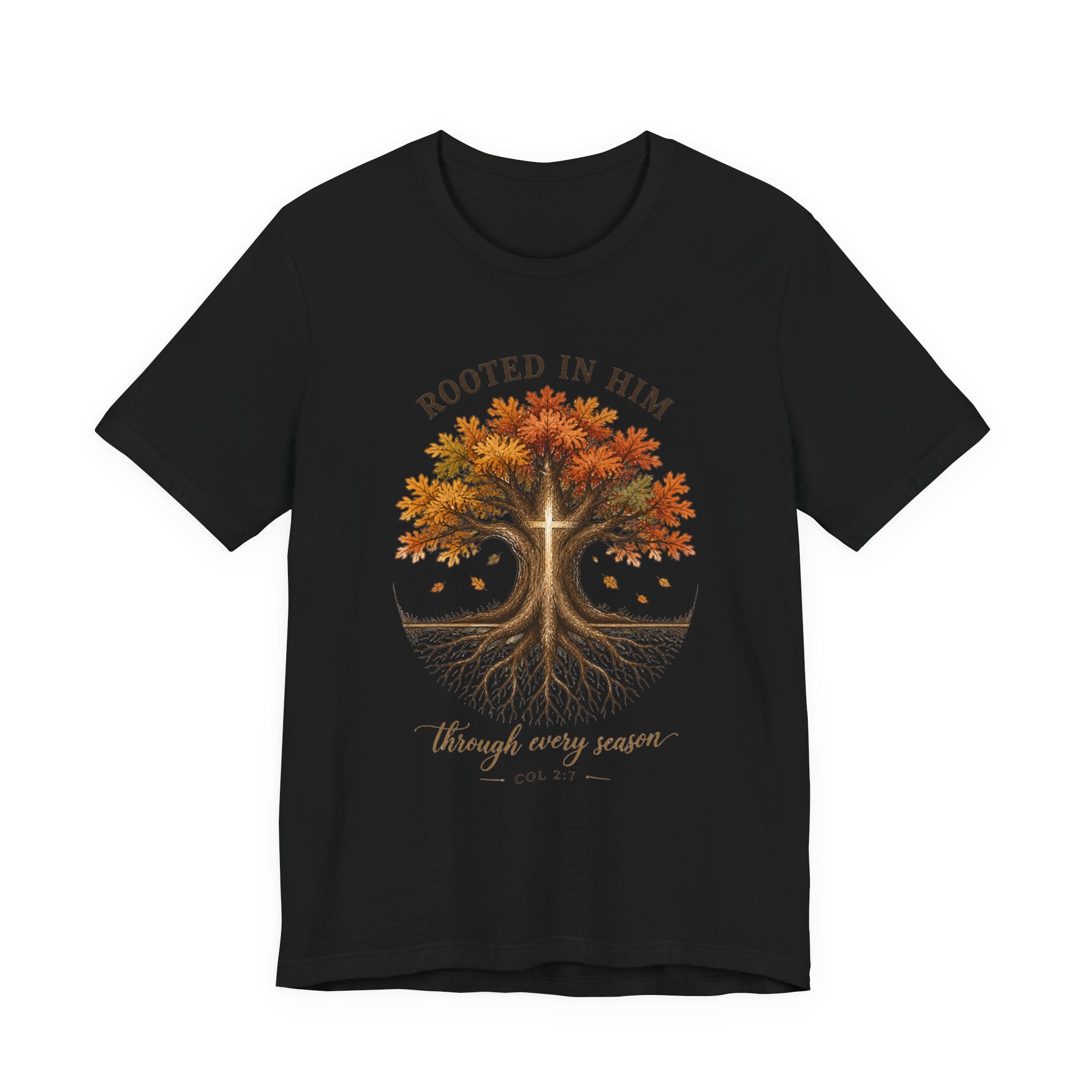 Rooted in Him Tree Tee | Christian Autumn, Fall Leaves Scripture Shirt