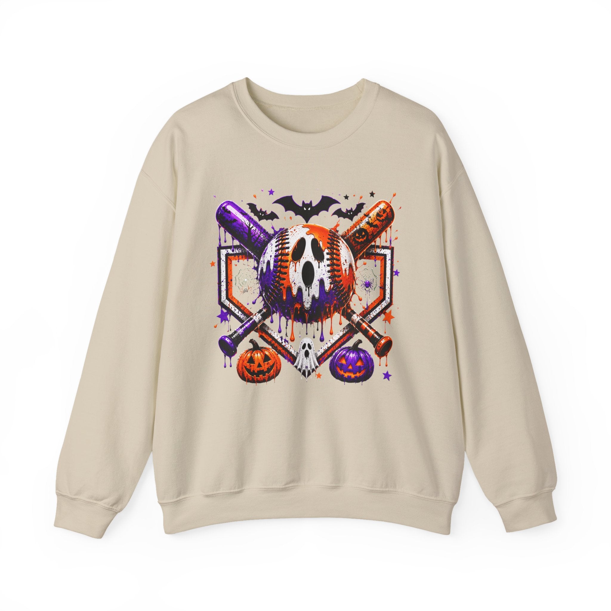 Halloween Baseball Crewneck Sweatshirt – Spooky Mask, Bats & Pumpkins Graphic