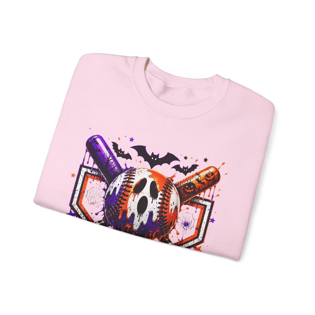 Halloween Baseball Crewneck Sweatshirt – Spooky Mask, Bats & Pumpkins Graphic