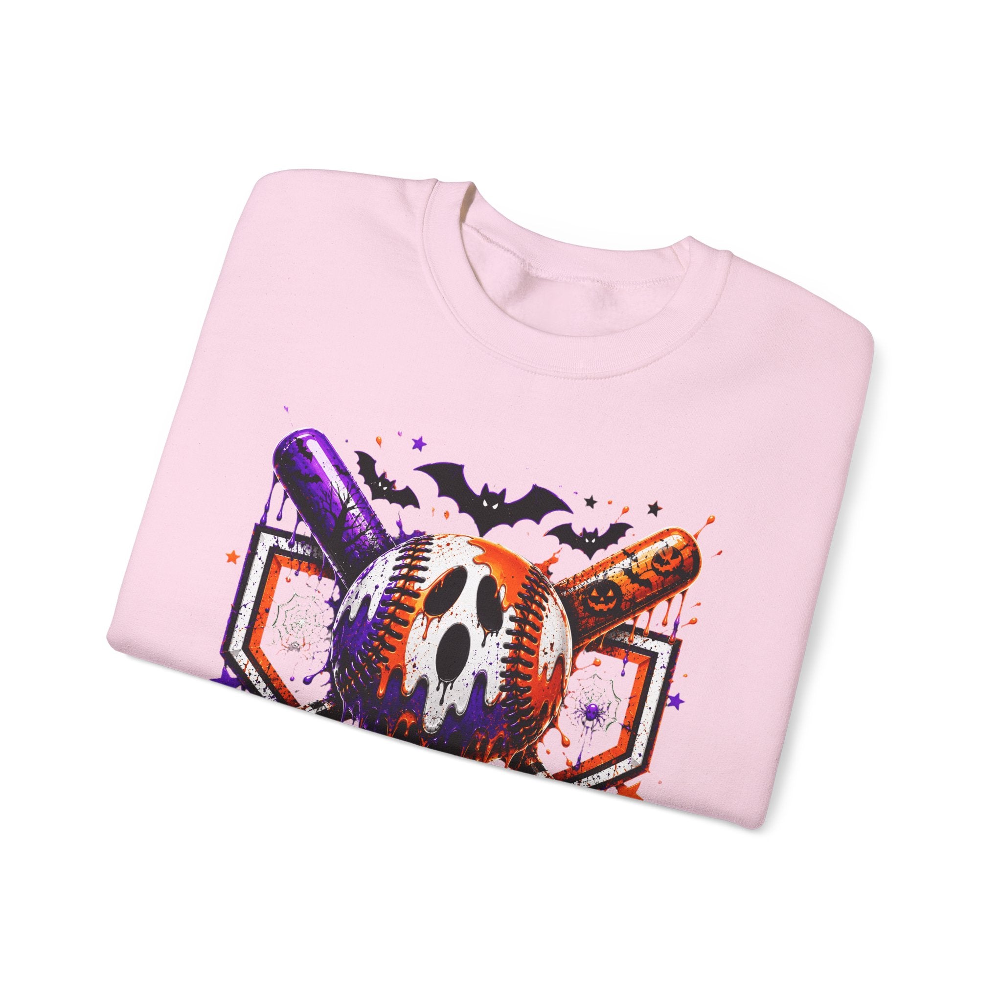 Halloween Baseball Crewneck Sweatshirt – Spooky Mask, Bats & Pumpkins Graphic