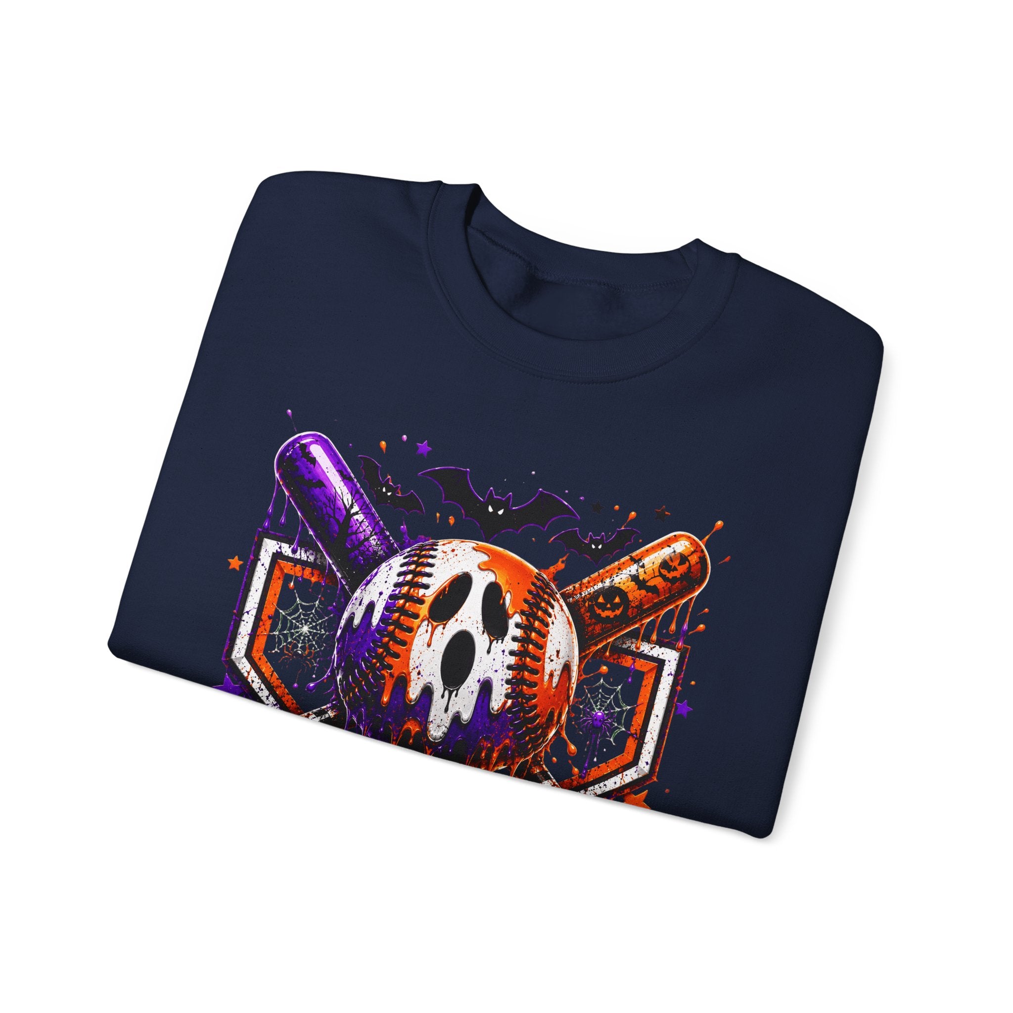 Halloween Baseball Crewneck Sweatshirt – Spooky Mask, Bats & Pumpkins Design