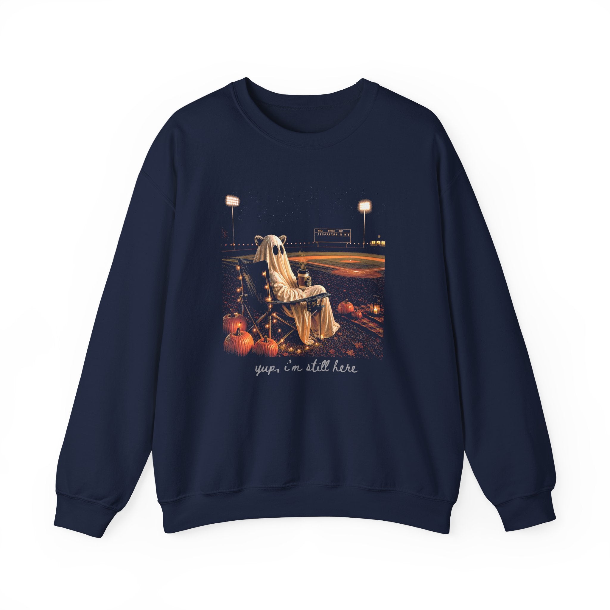 Halloween Ghost Crewneck Sweatshirt – 'guess i’m still here' Stadium Pumpkin Design