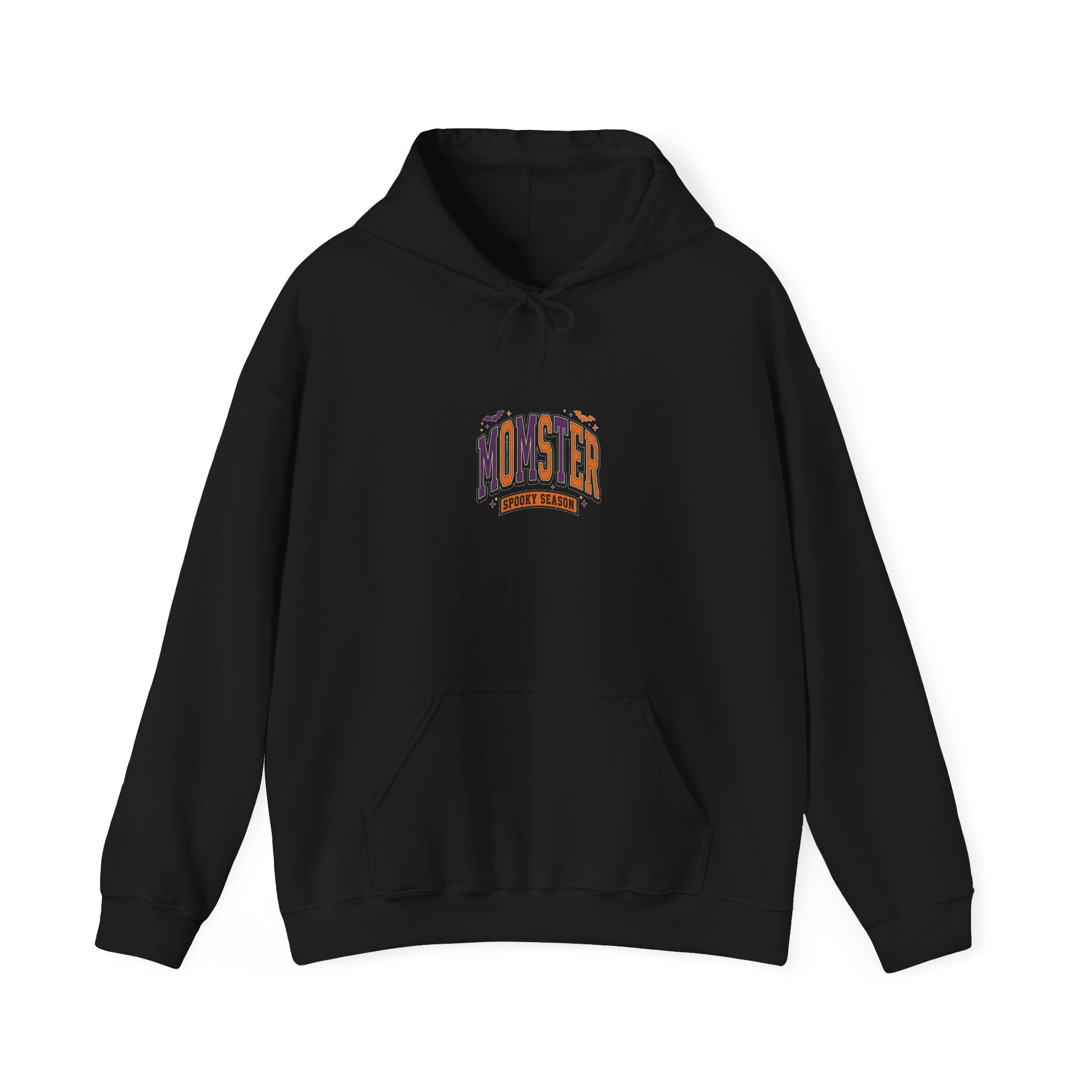 Momster Halloween Hoodie | spooky lettering, bats, purple orange collegiate
