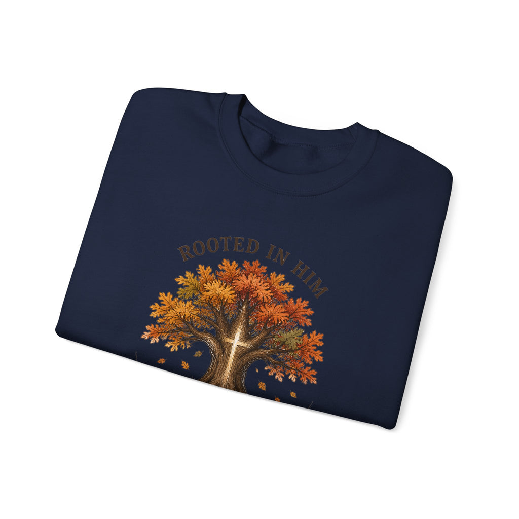 Rooted in Him Tree Sweatshirt | Christian Autumn, Fall Leaves