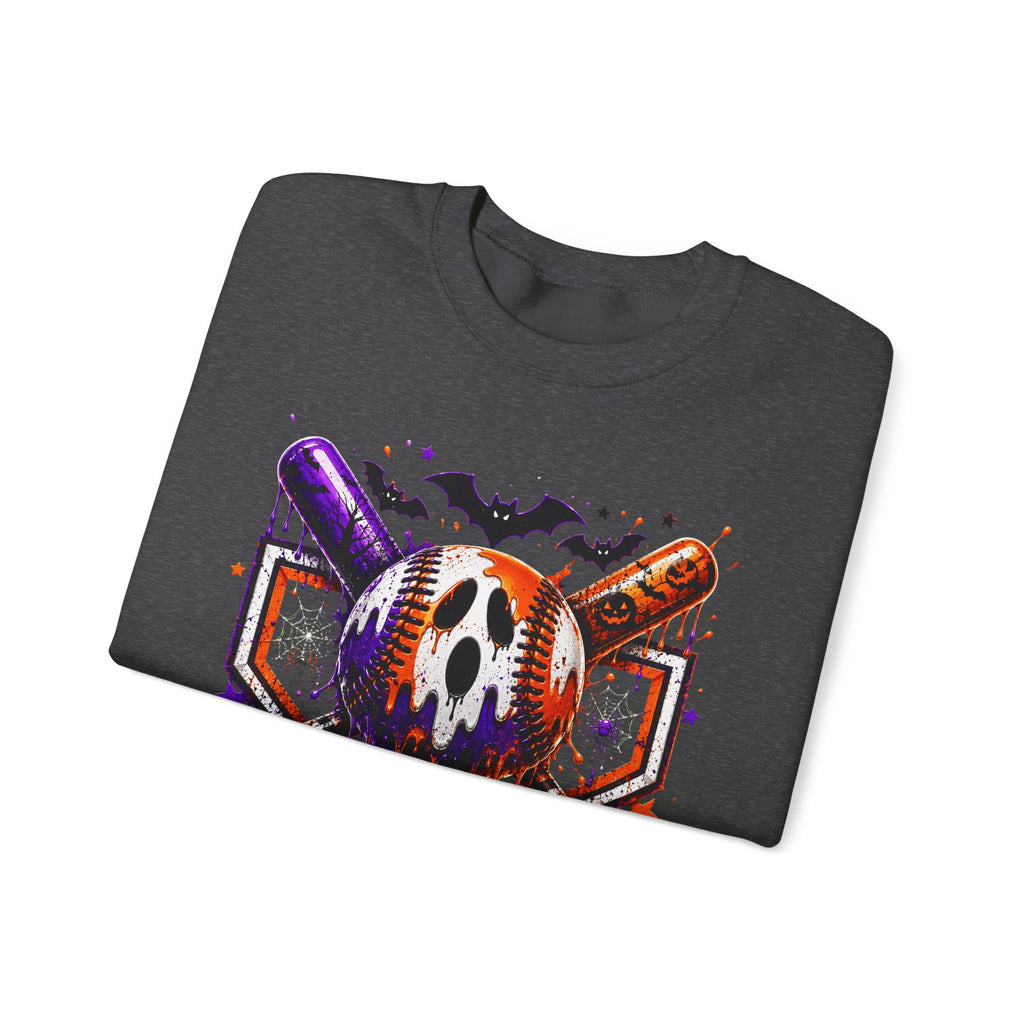 Halloween Baseball Crewneck Sweatshirt – Spooky Mask, Bats & Pumpkins Design