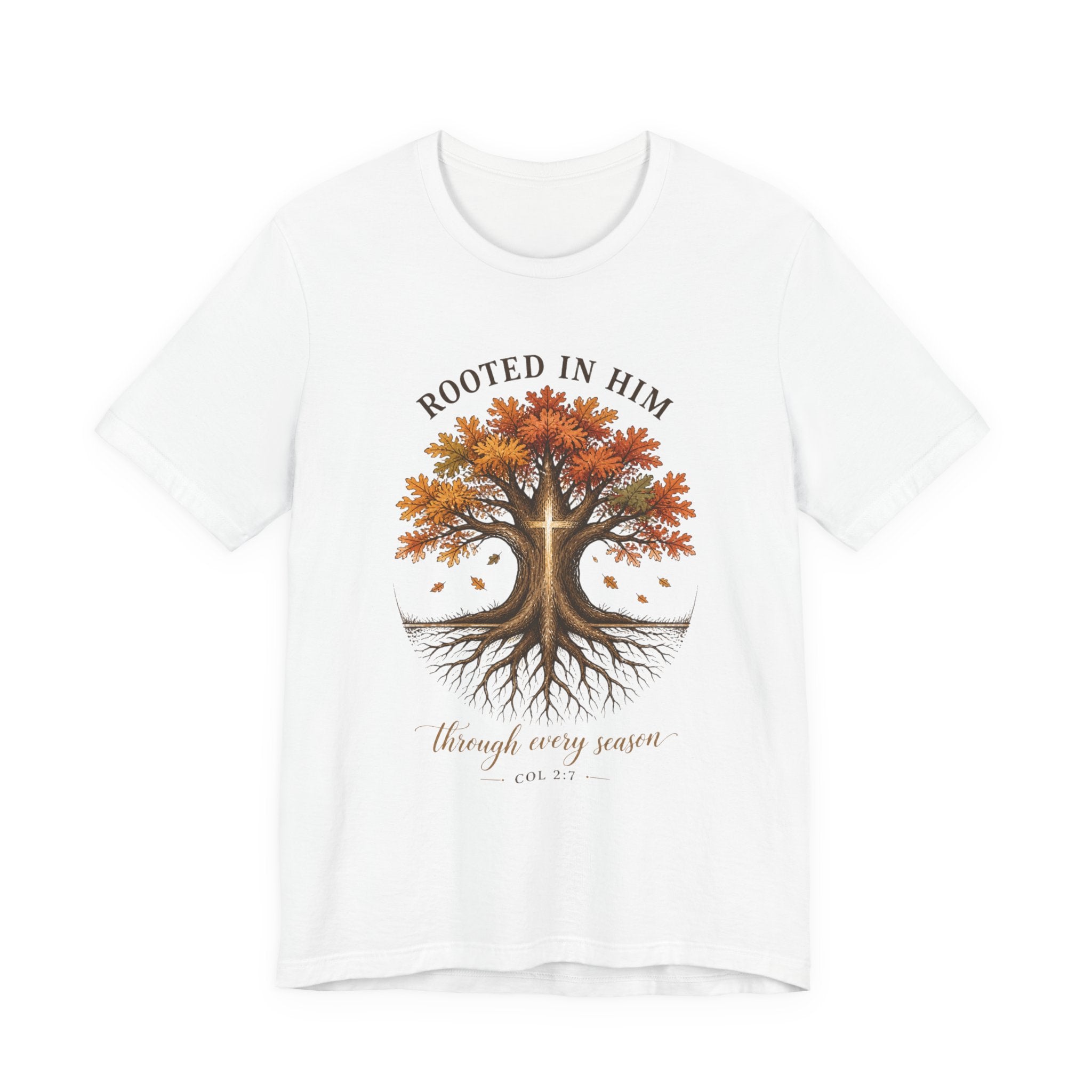 Rooted in Him Tree Tee | Christian Autumn, Fall Leaves Scripture Shirt