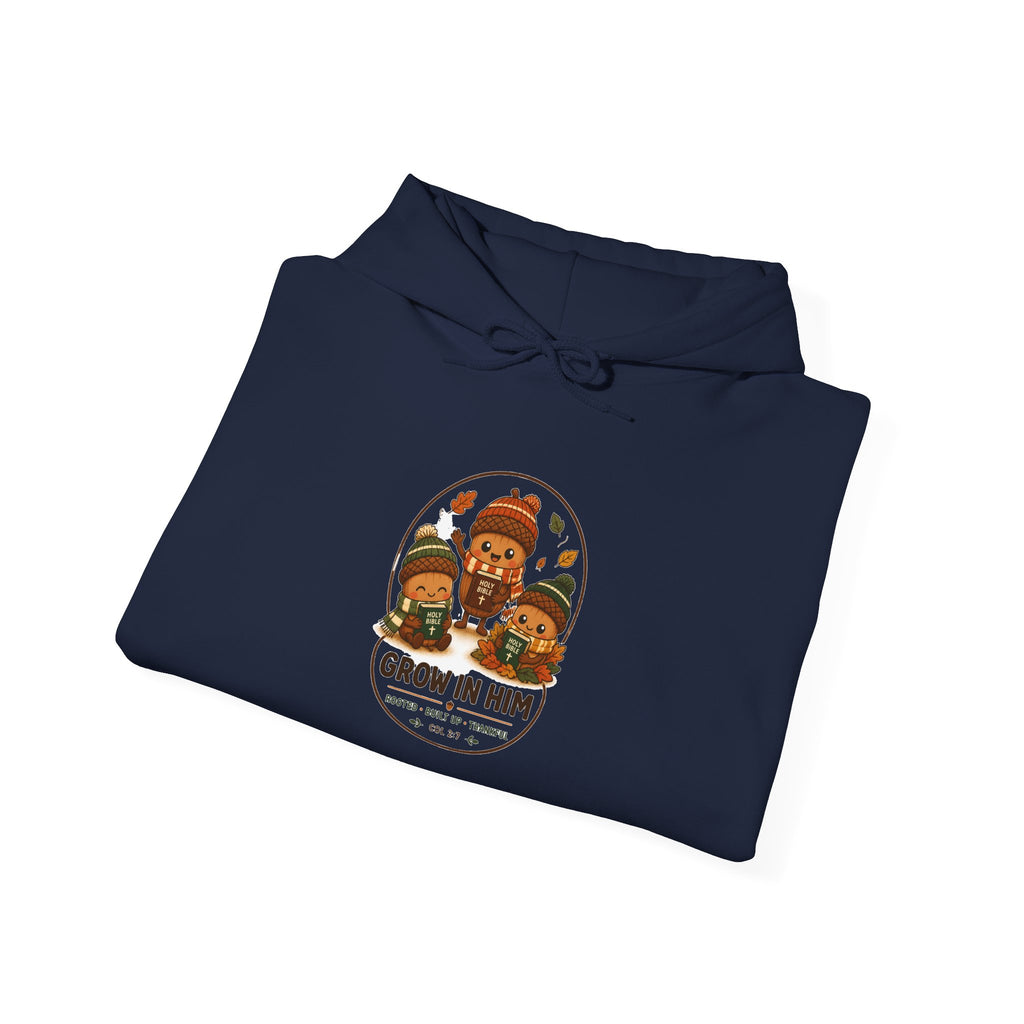 Grow in Him Hoodie | Christian Autumn fall leaves pumpkin barn scripture