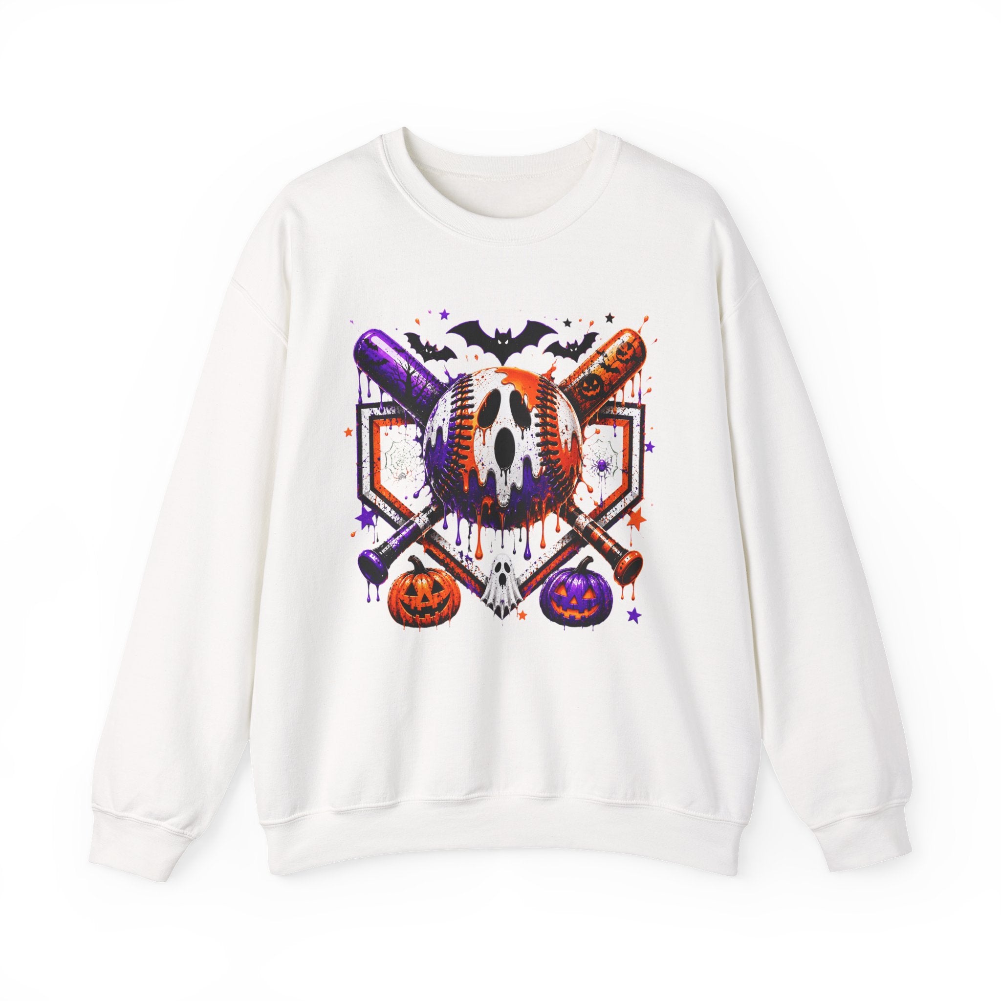 Halloween Baseball Crewneck Sweatshirt – Spooky Mask, Bats & Pumpkins Graphic