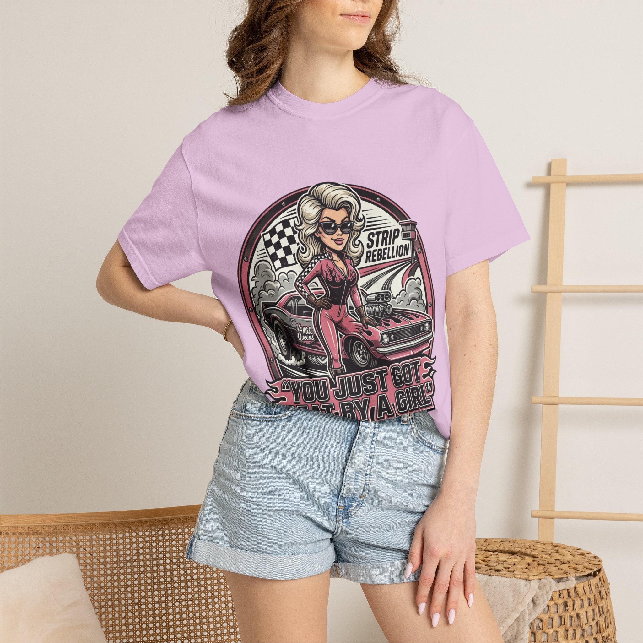 You Just Got Beat By A Girl Racecar T-Shirt — Pinup Girl 'Strip Rebellion' Racing Tee