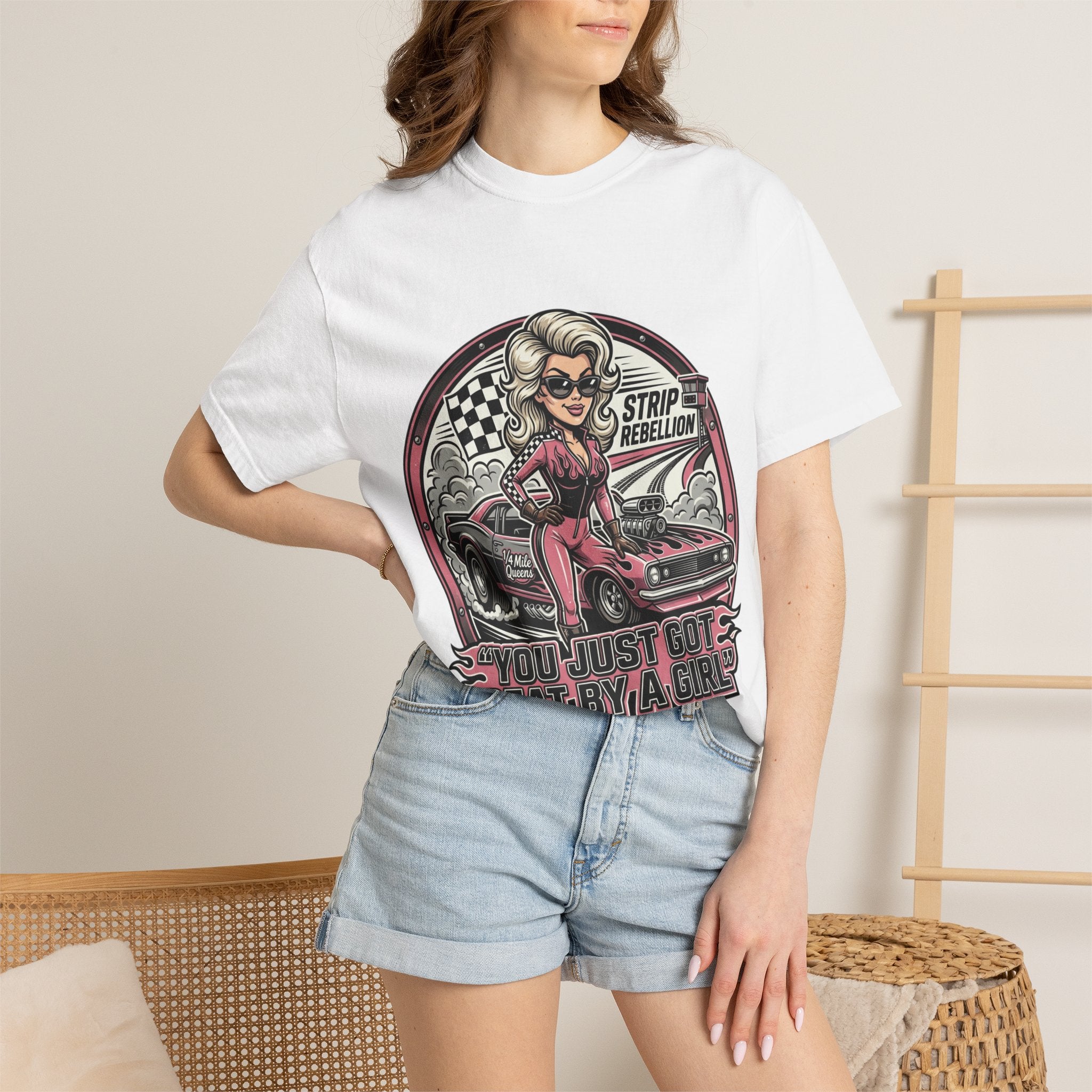 You Just Got Beat By A Girl Racecar T-Shirt — Pinup Girl 'Strip Rebellion' Racing Tee