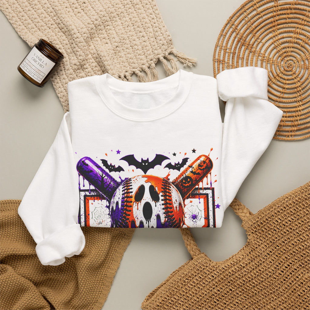 Halloween Baseball Crewneck Sweatshirt – Spooky Mask, Bats & Pumpkins Graphic