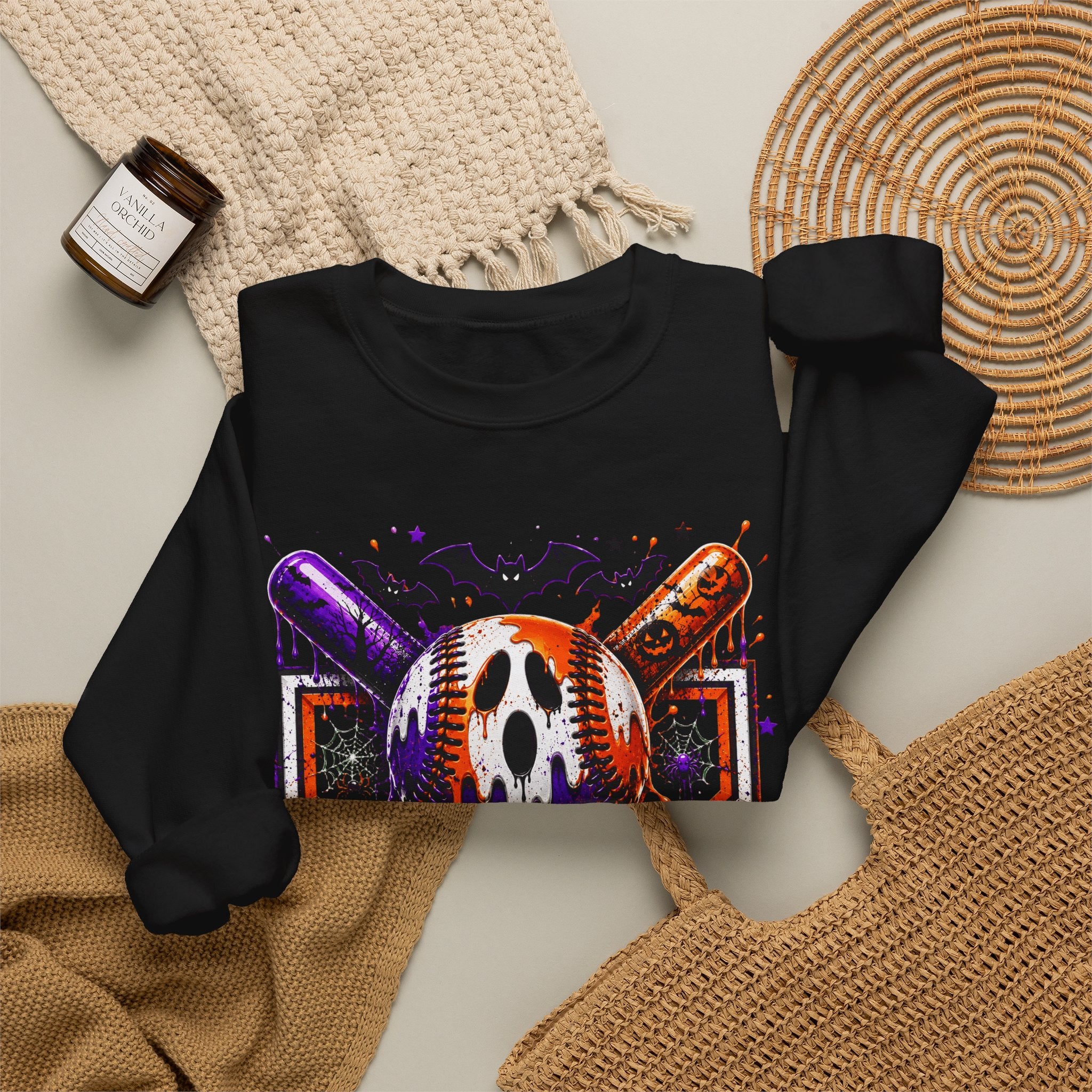 Halloween Baseball Crewneck Sweatshirt – Spooky Mask, Bats & Pumpkins Graphic