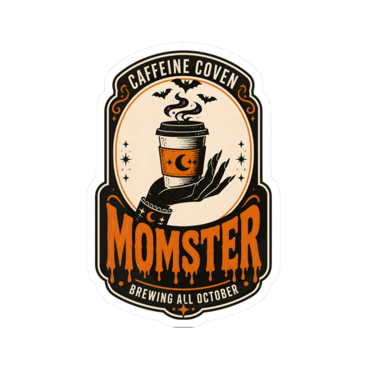 Momster Halloween Coffee Sticker | spooky mom, orange purple gothic