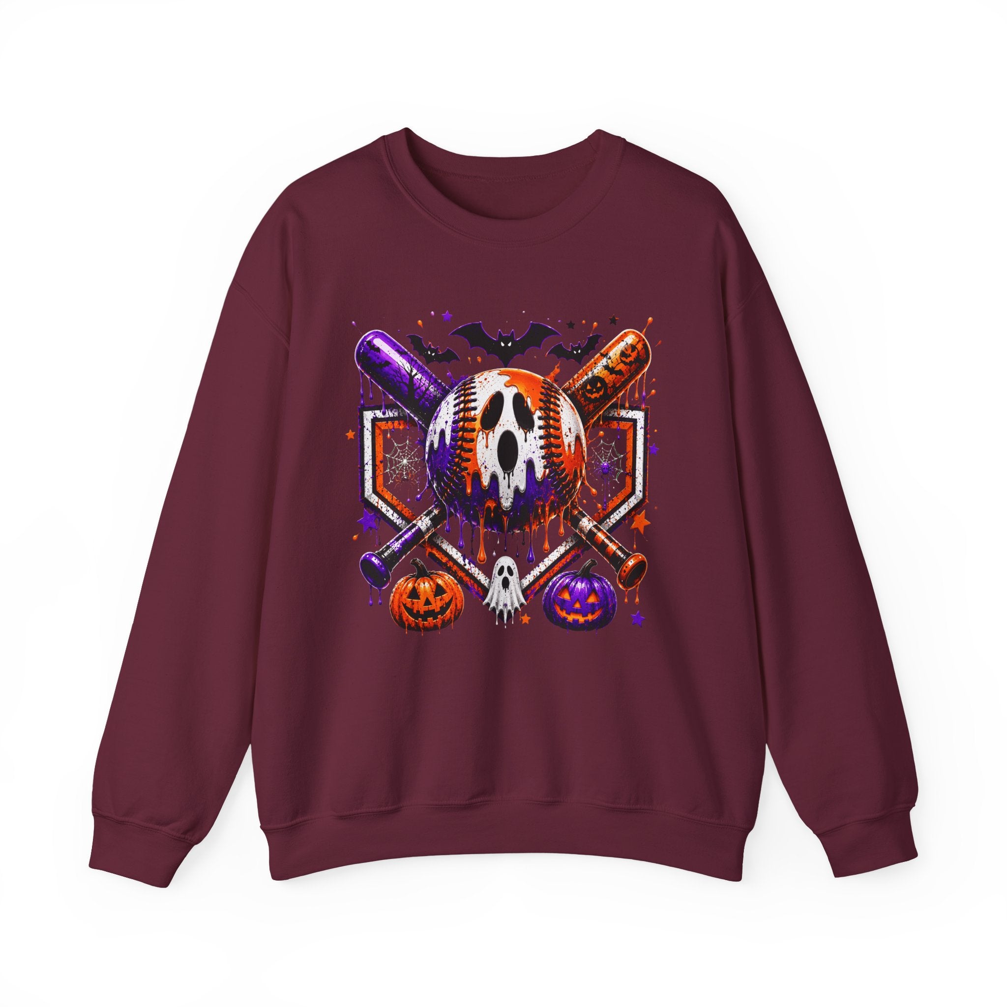 Halloween Baseball Crewneck Sweatshirt – Spooky Mask, Bats & Pumpkins Graphic