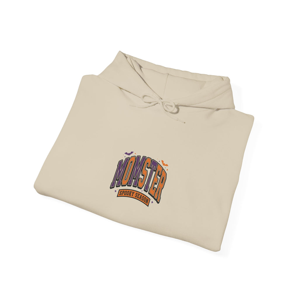 Momster Halloween Hoodie | spooky lettering, bats, purple orange collegiate