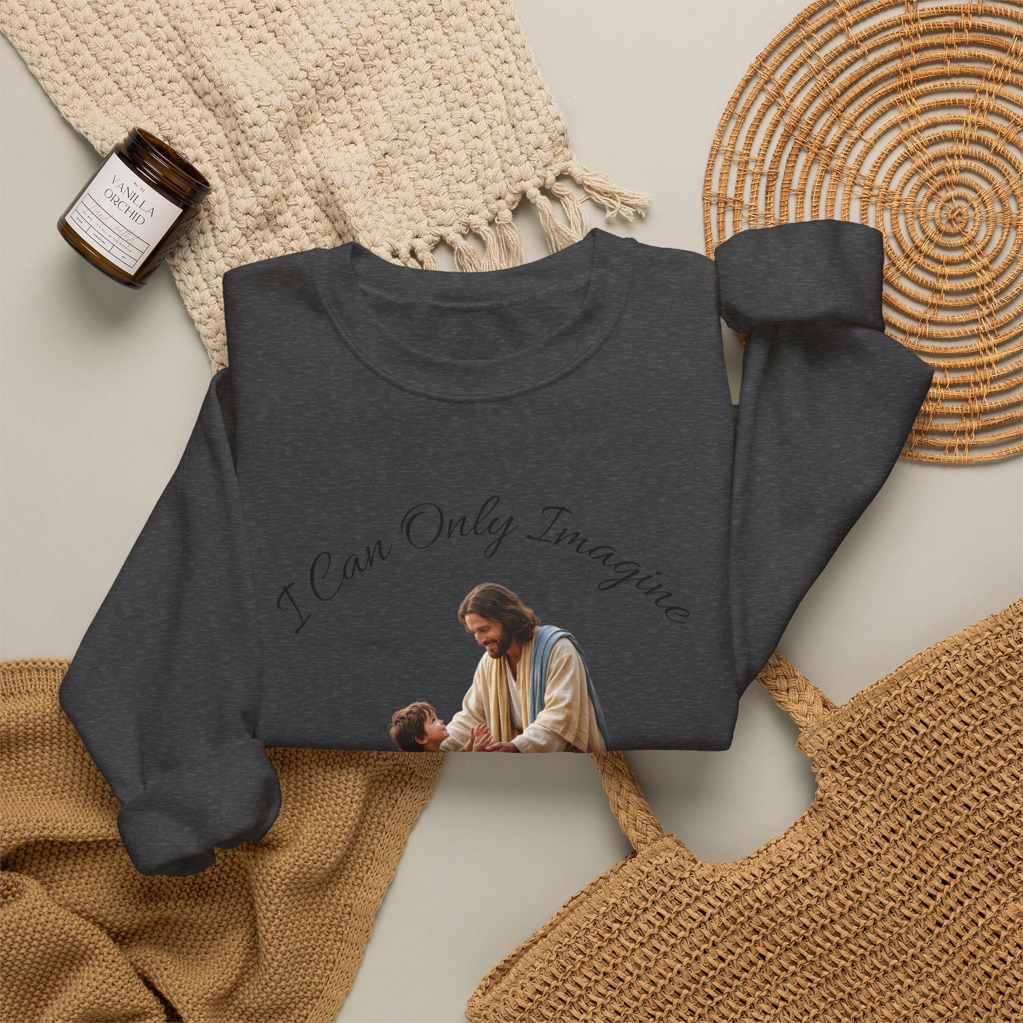 Religious Crewneck Sweatshirt — "I Can Only Imagine" Jesus & Child Graphic