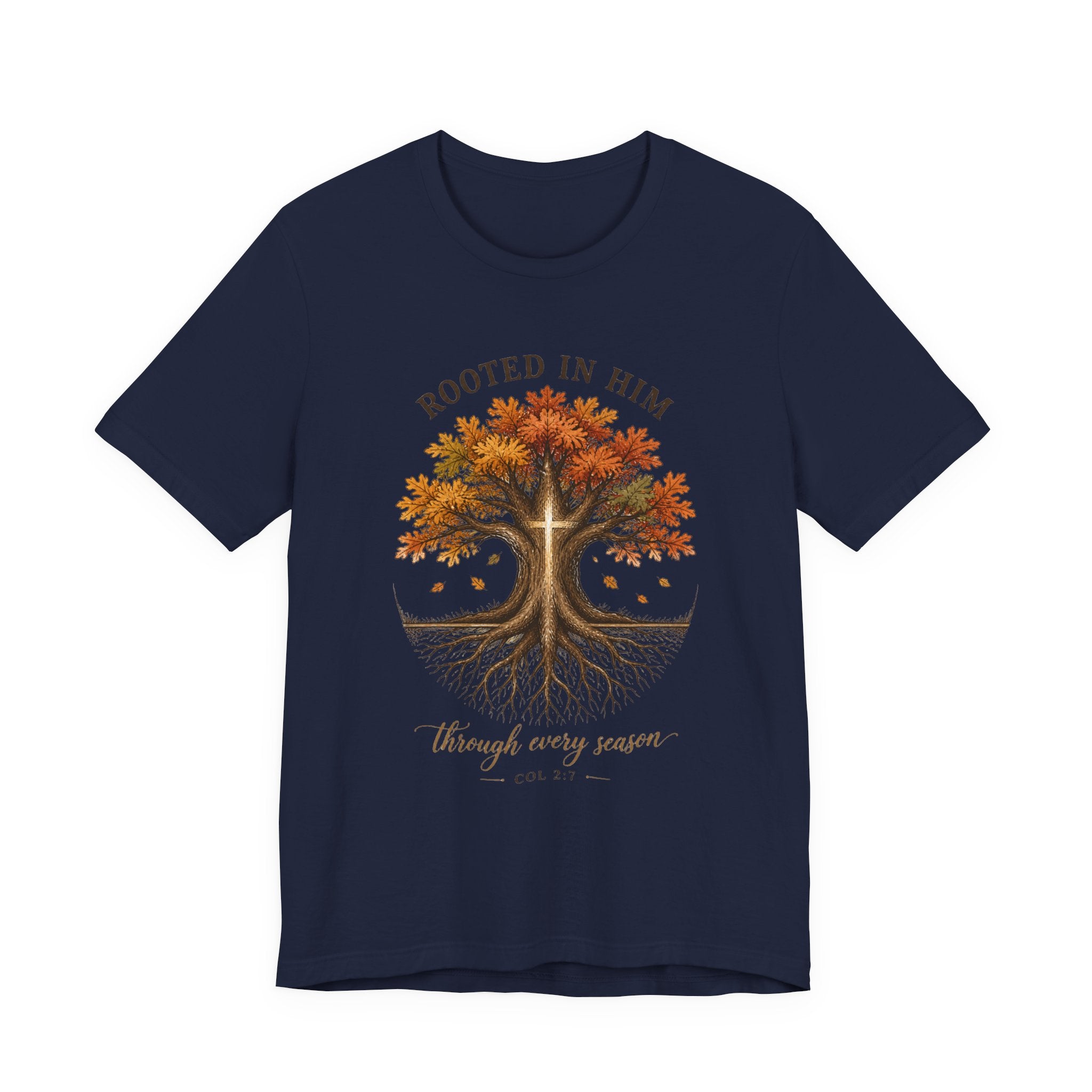 Rooted in Him Tree Tee | Christian Autumn, Fall Leaves Scripture Shirt