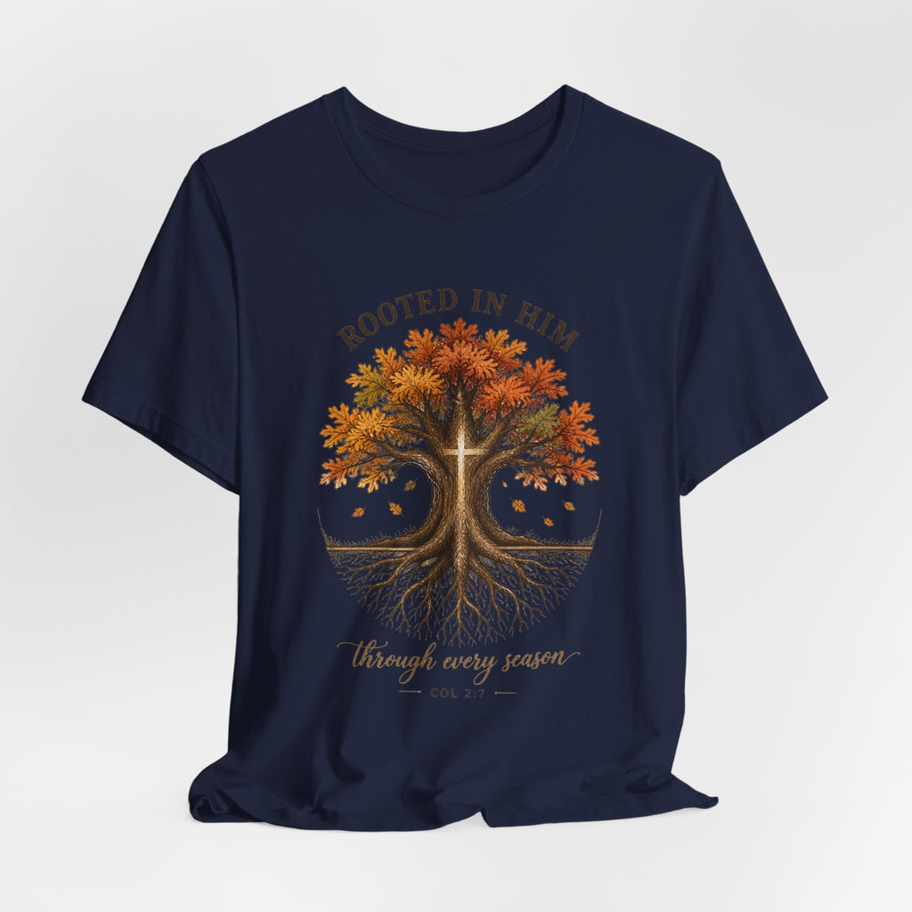 Rooted in Him Tree Tee | Christian Autumn, Fall Leaves Scripture Shirt