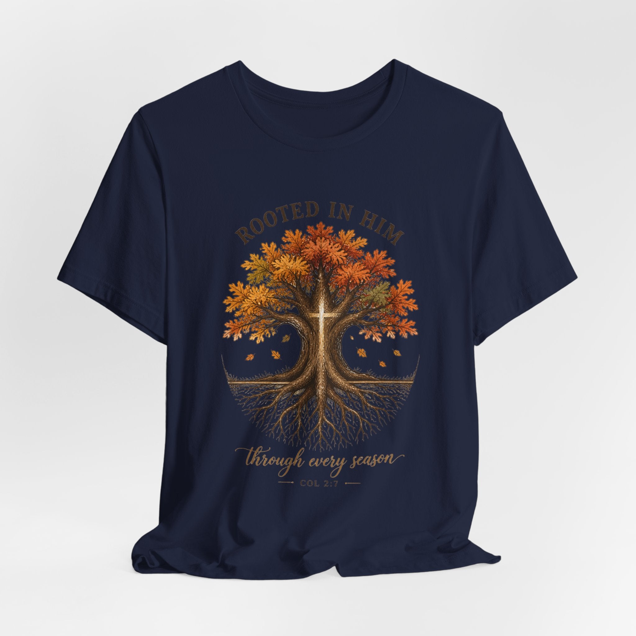 Rooted in Him Tree Tee | Christian Autumn, Fall Leaves Scripture Shirt