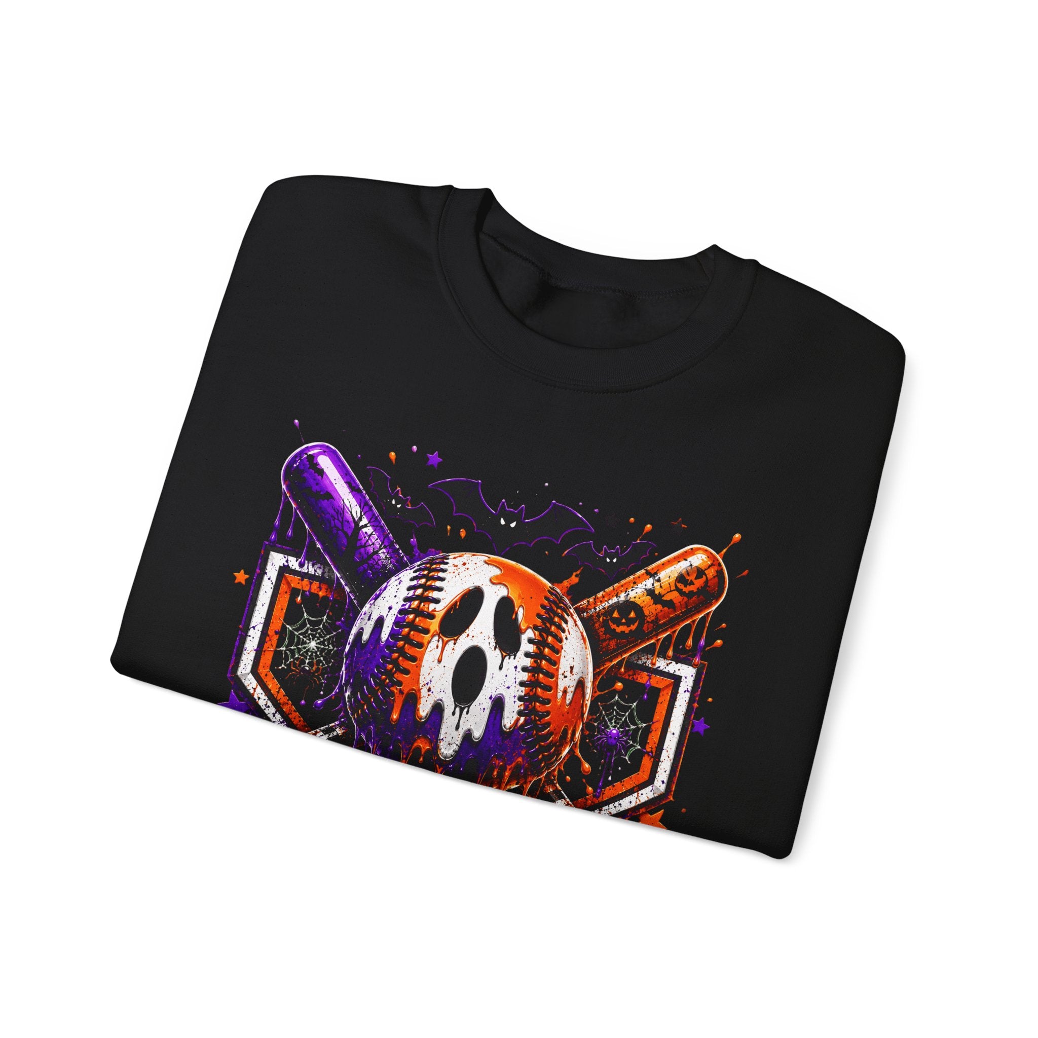 Halloween Baseball Crewneck Sweatshirt – Spooky Mask, Bats & Pumpkins Graphic