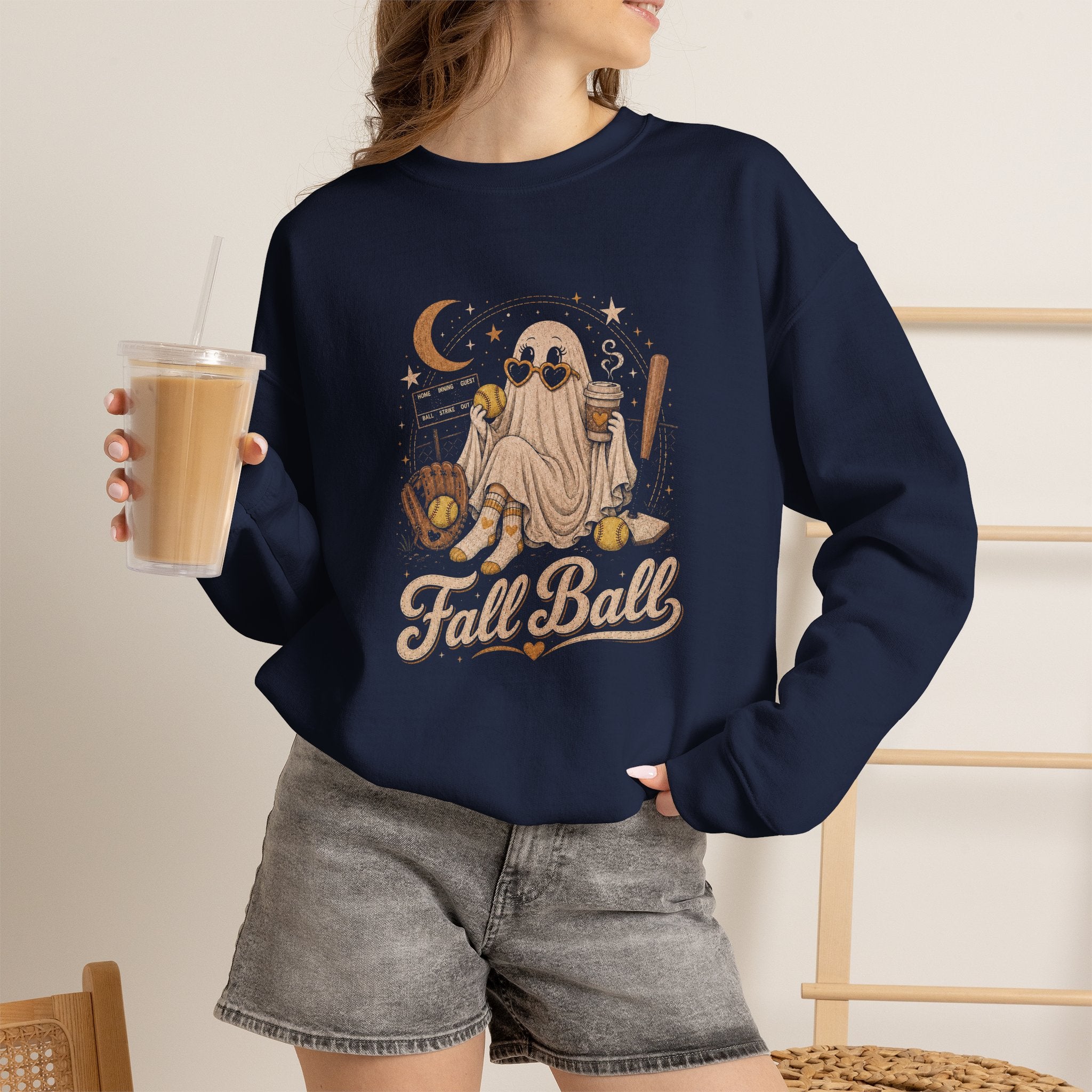 Fall Ball Ghost Sweatshirt — Cute Halloween Crewneck for Fall Baseball Fans