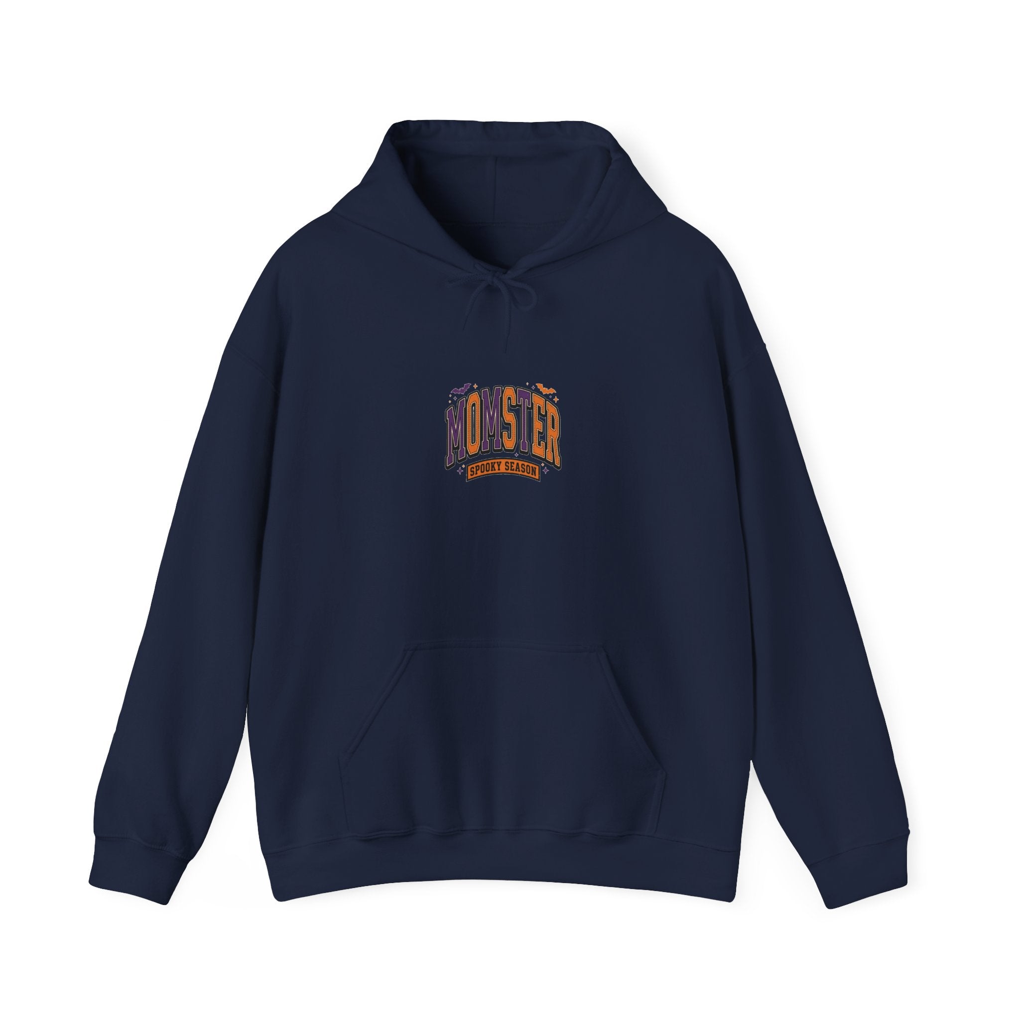 Momster Halloween Hoodie | spooky lettering, bats, purple orange collegiate
