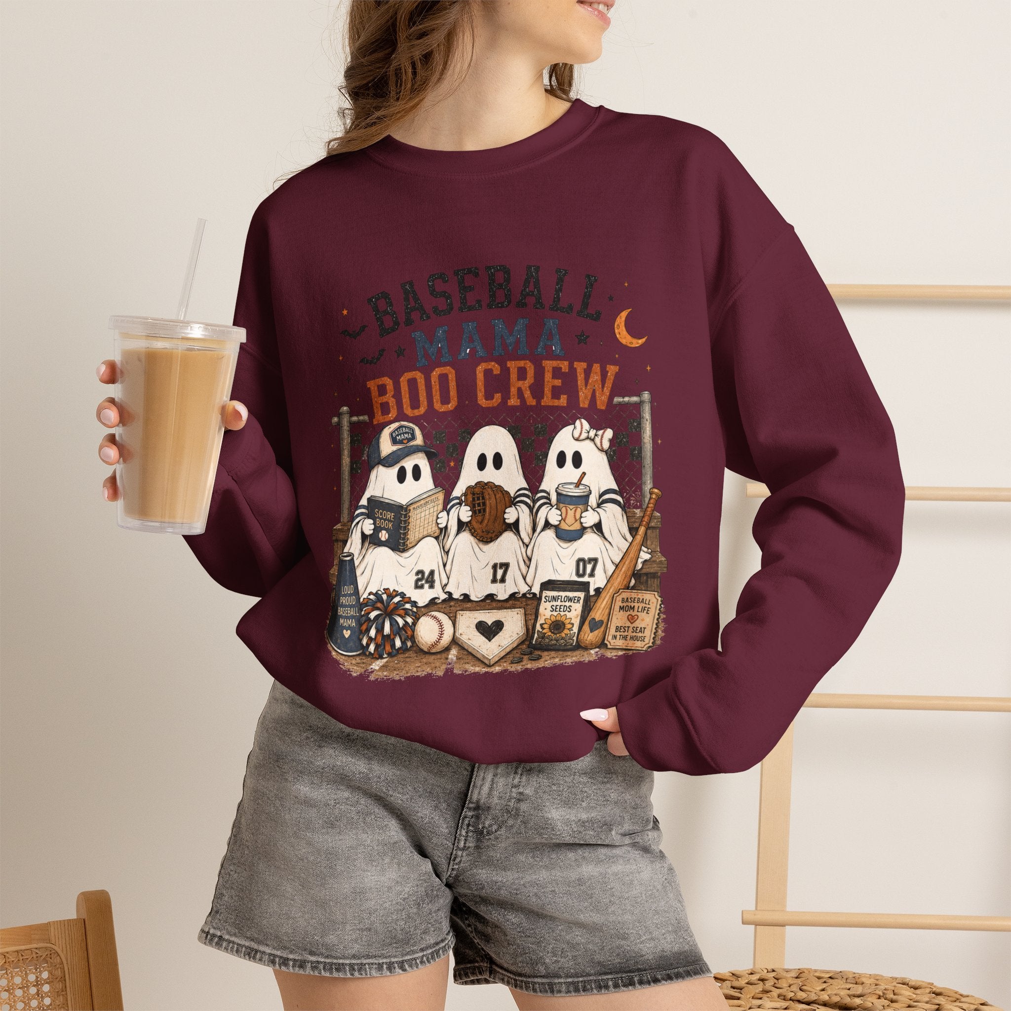 Baseball Mama Boo Crew Sweatshirt — Halloween Baseball Mom Pullover