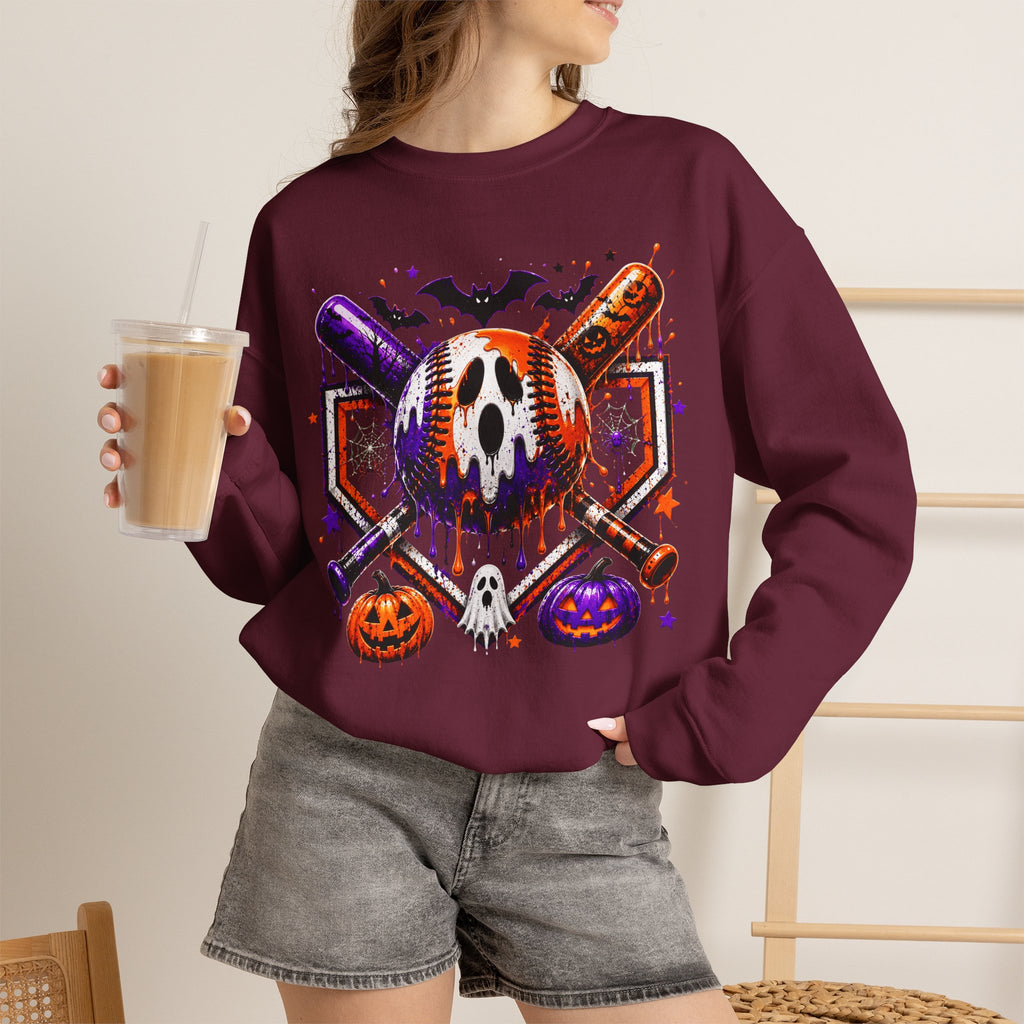 Halloween Baseball Crewneck Sweatshirt – Spooky Mask, Bats & Pumpkins Design