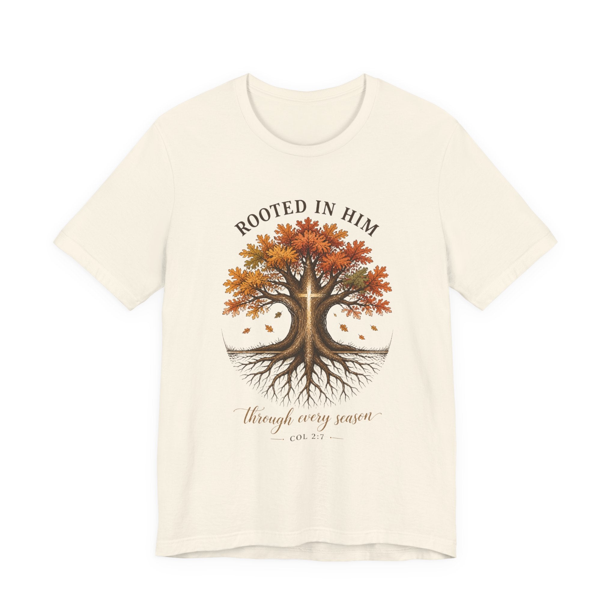 Rooted in Him Tree Tee | Christian Autumn, Fall Leaves Scripture Shirt