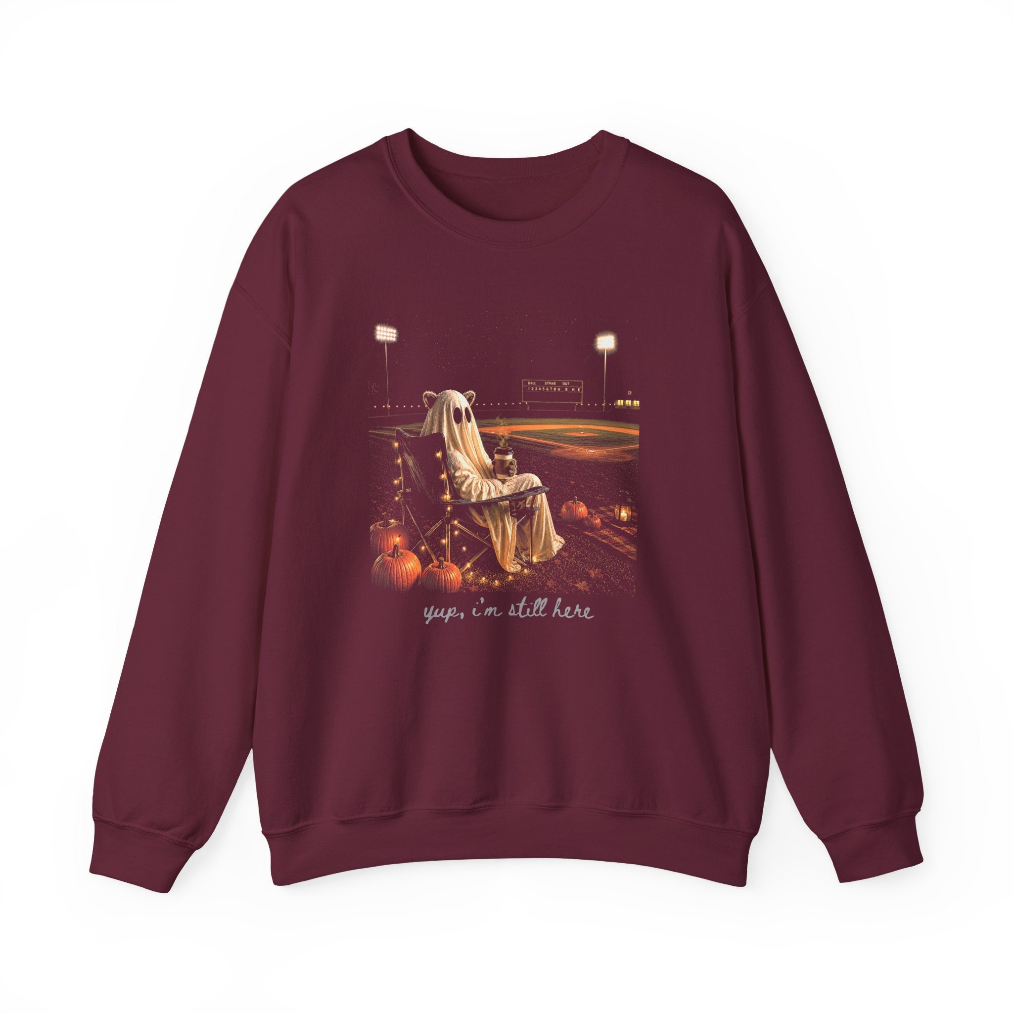 Halloween Ghost Crewneck Sweatshirt – 'guess i’m still here' Stadium Pumpkin Design