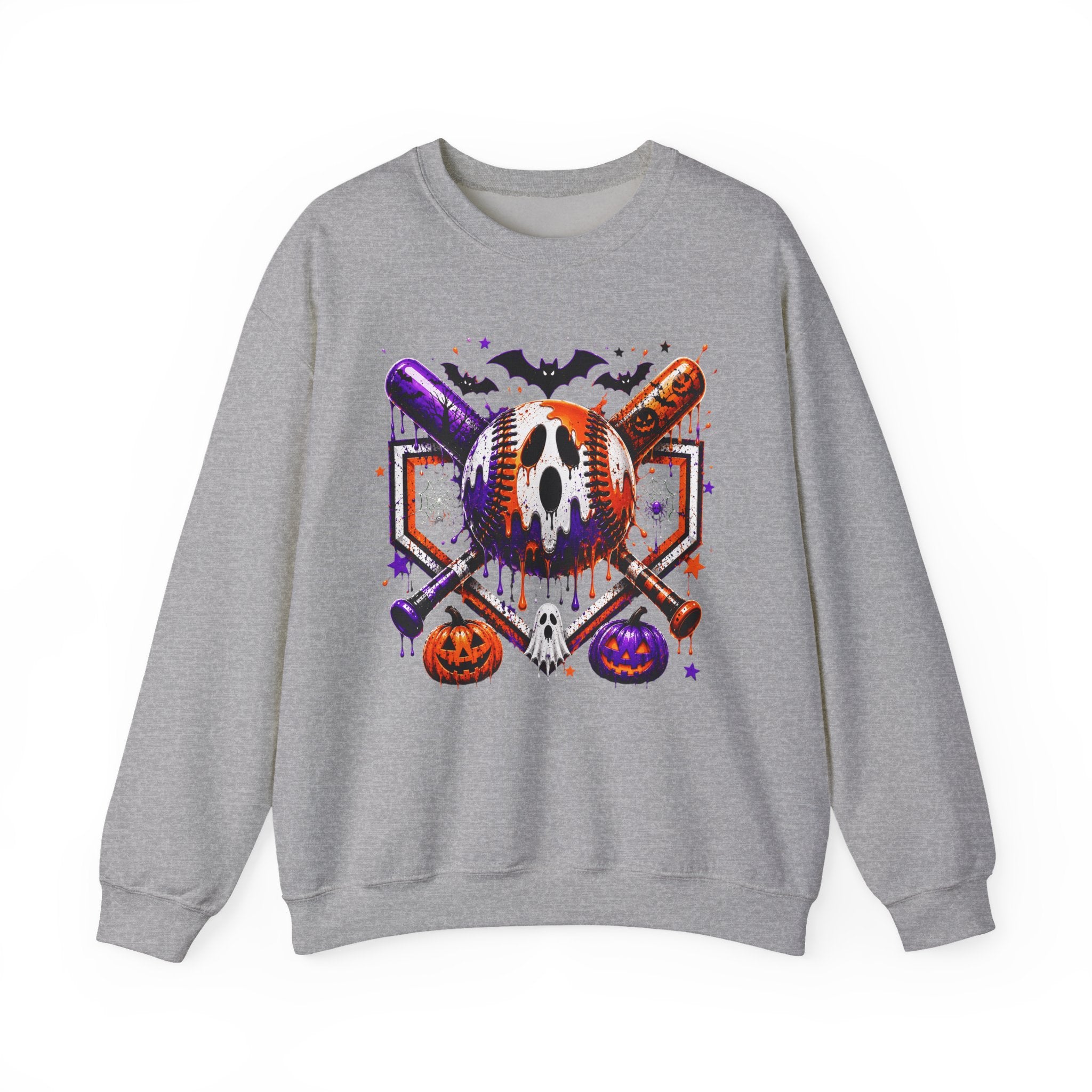 Halloween Baseball Crewneck Sweatshirt – Spooky Mask, Bats & Pumpkins Design