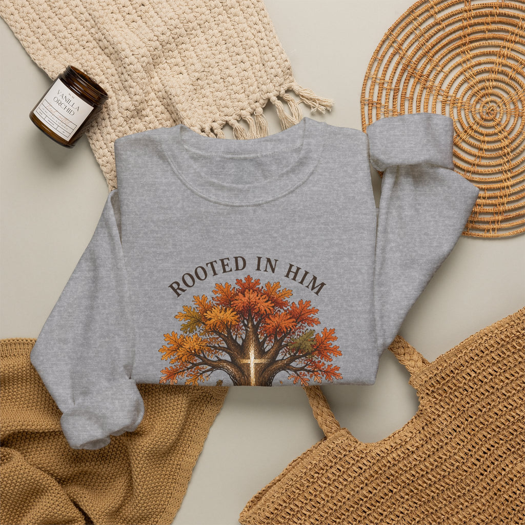 Rooted in Him Tree Sweatshirt | Christian Autumn, Fall Leaves